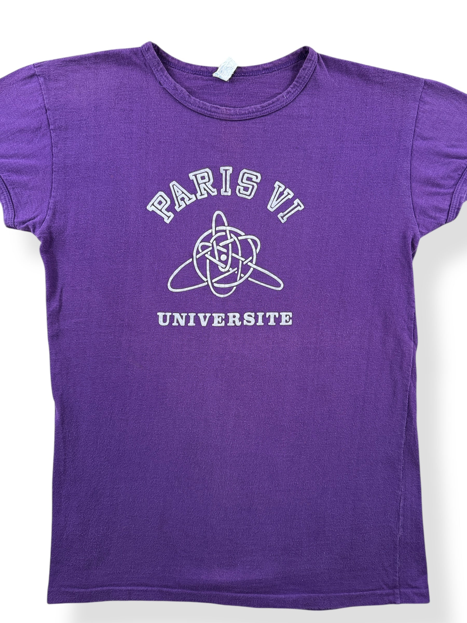 Front Close Up of Vintage Flocked Paris Universite Tee SZ M