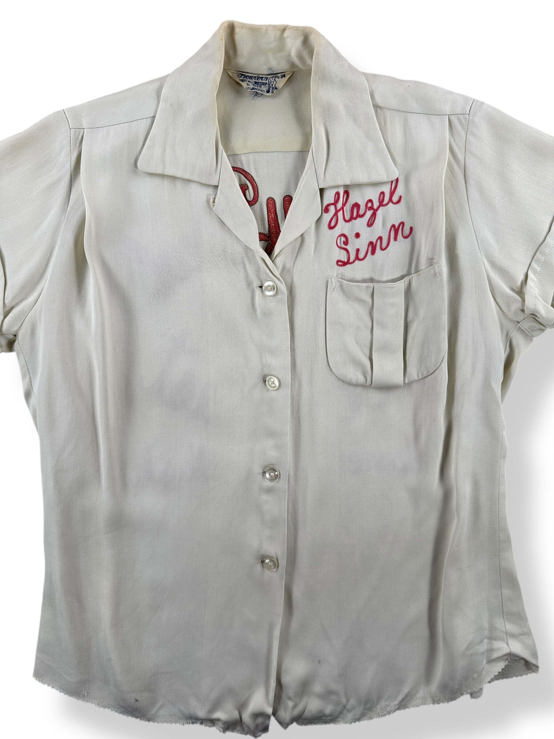 Front Close Up of Vintage Hazel Sinn Crossley Bowling Shirt SZ 34