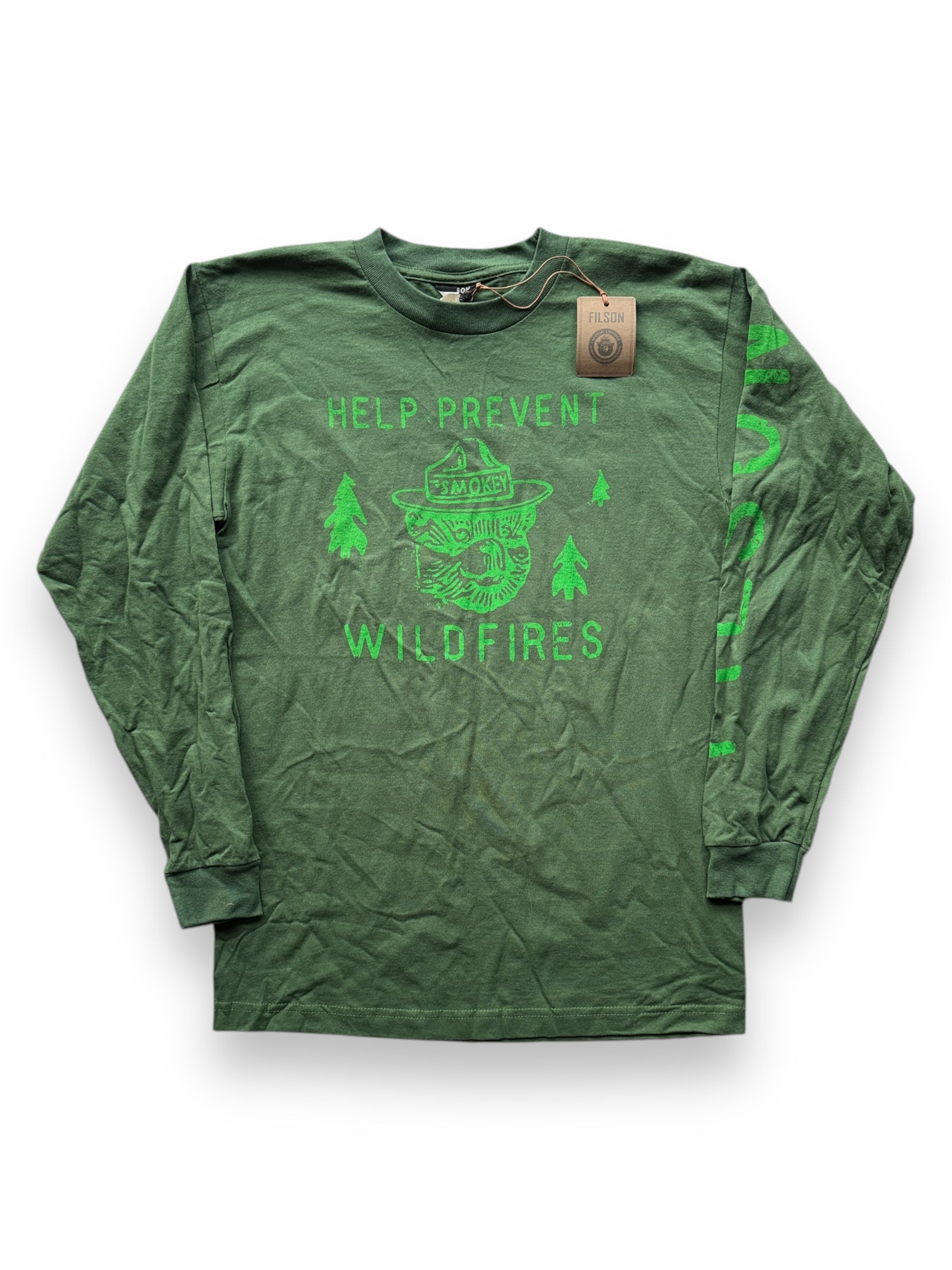 front of NWT Green Filson Long Sleeve Smokey Tee SZ M