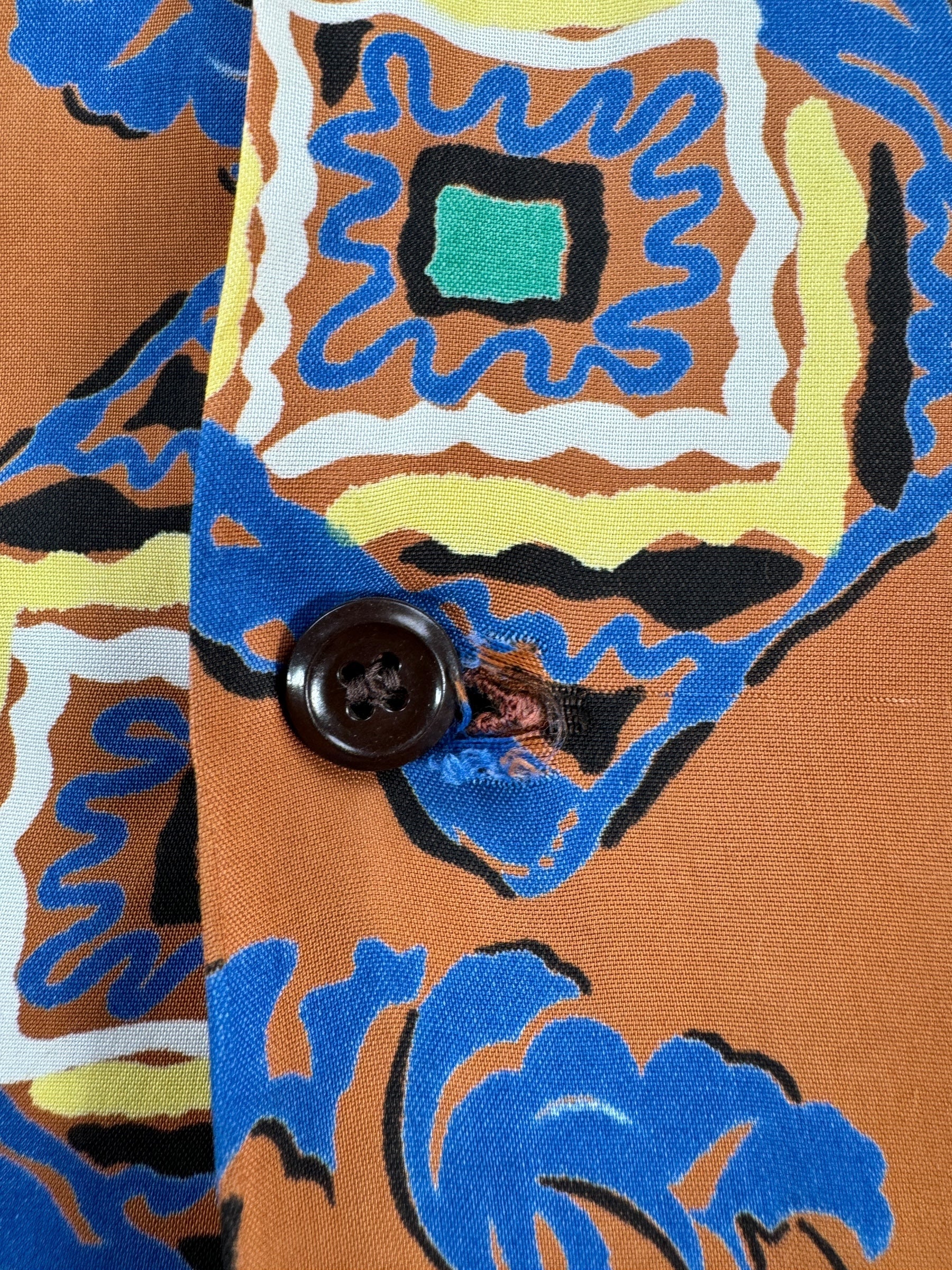 Frayed Button Hole on Vintage Brown Penney's Aloha Shirt SZ M