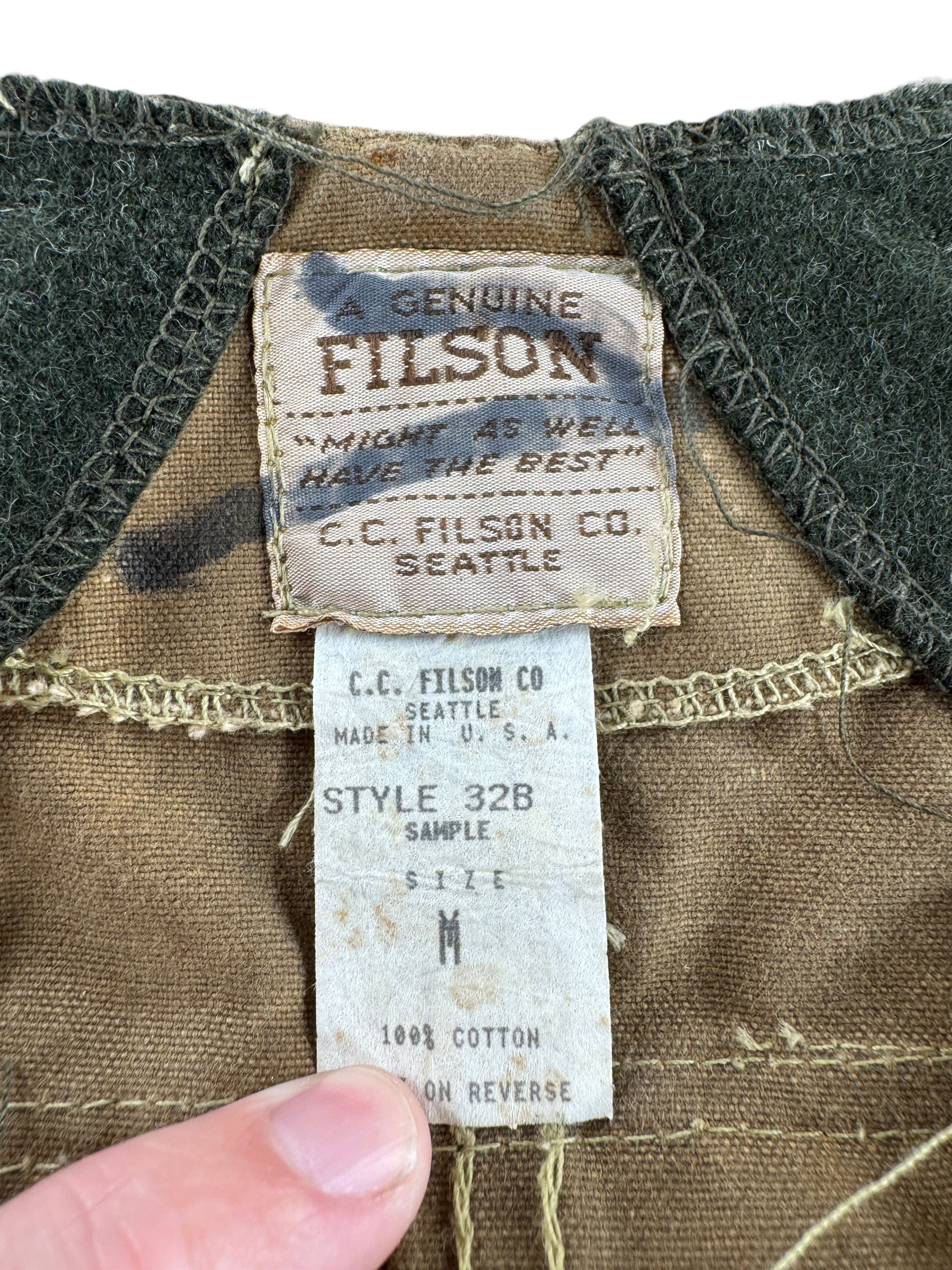 Tag on Vintage Filson Half Moon Tin Cloth Hunting Vest SZ M