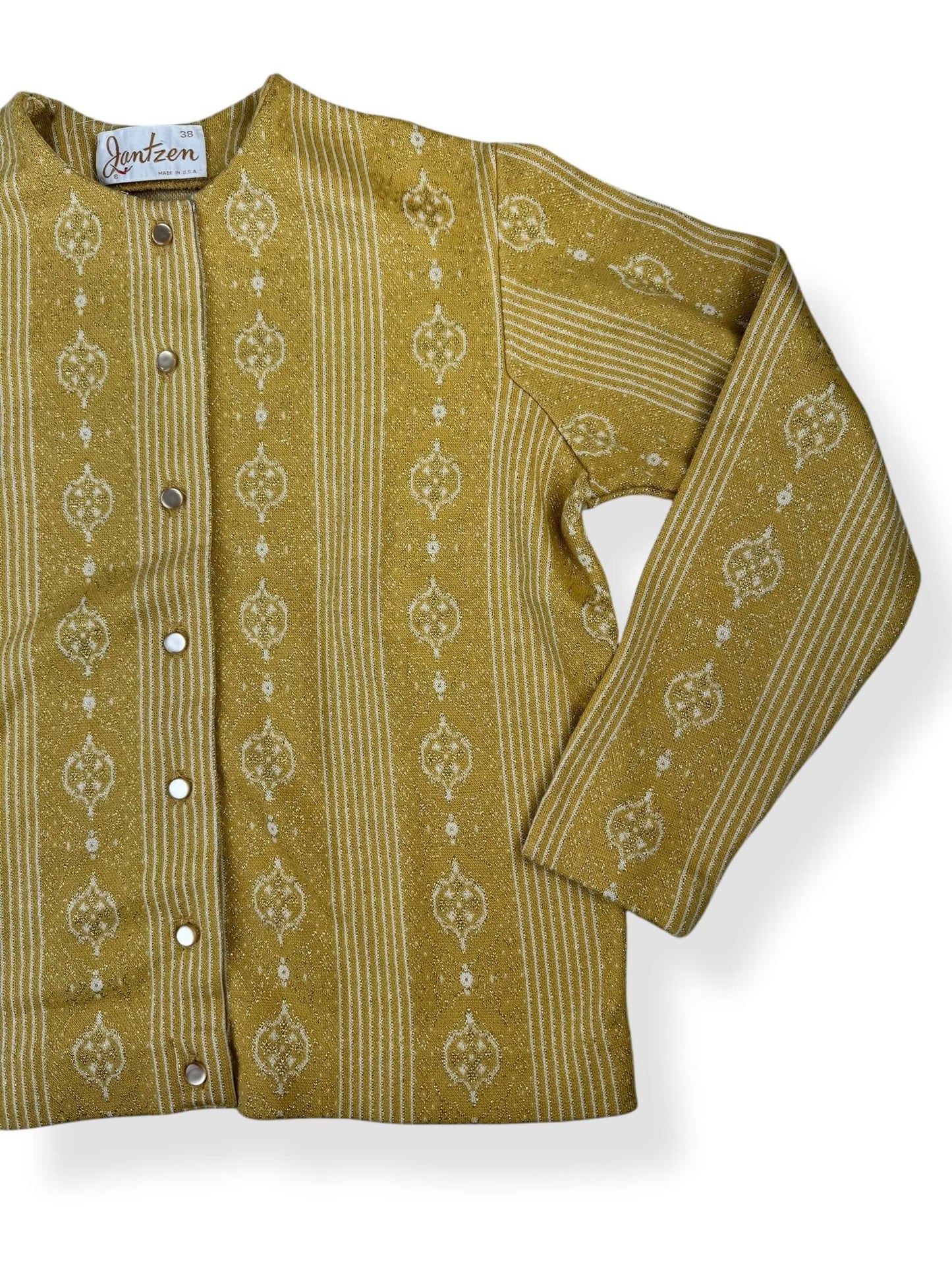 Left side of 1960s Gold Lurex Jantzen Cardigan L