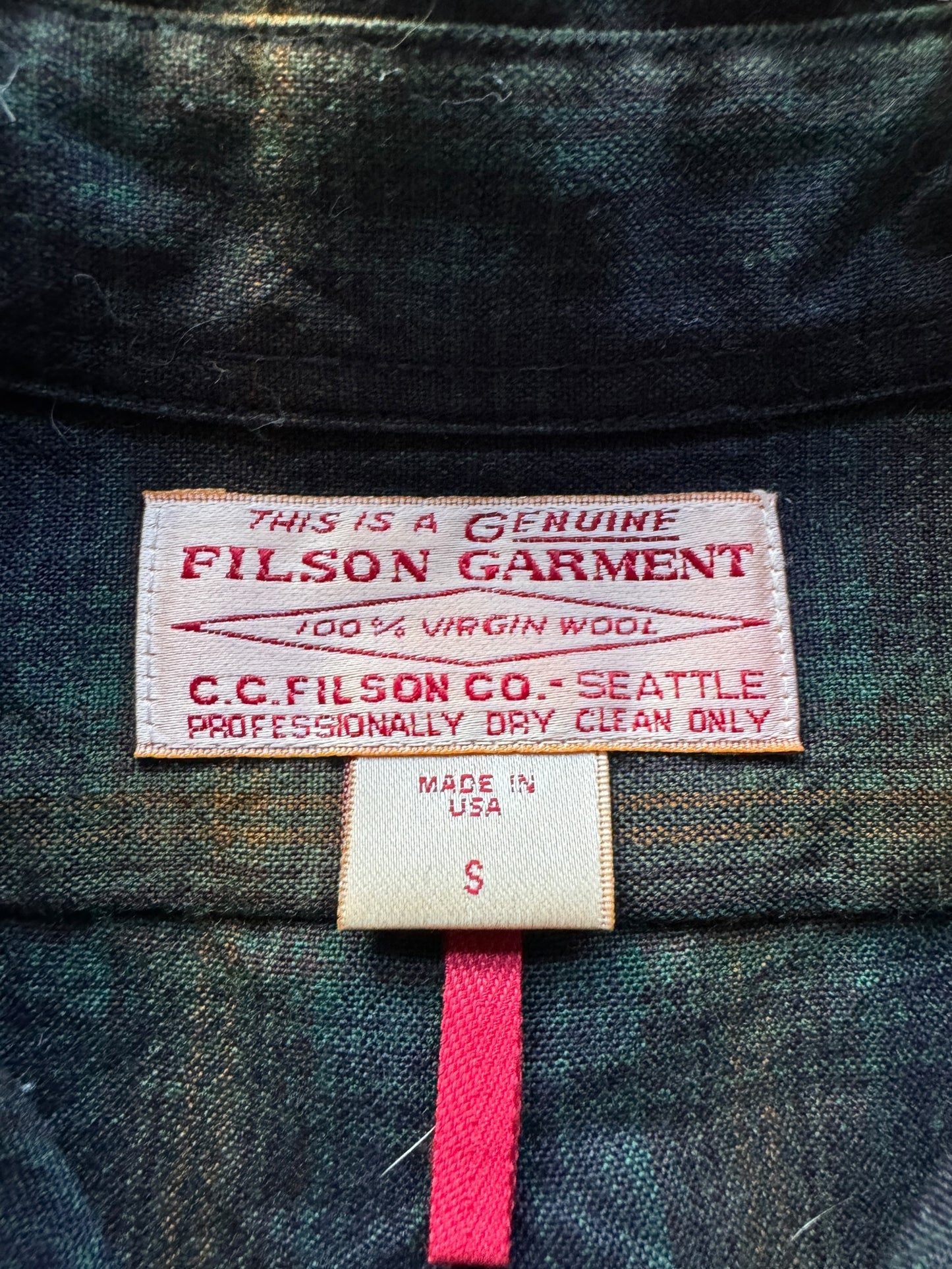 Tag on Filson Green & Brown Wool Flannel SZ S