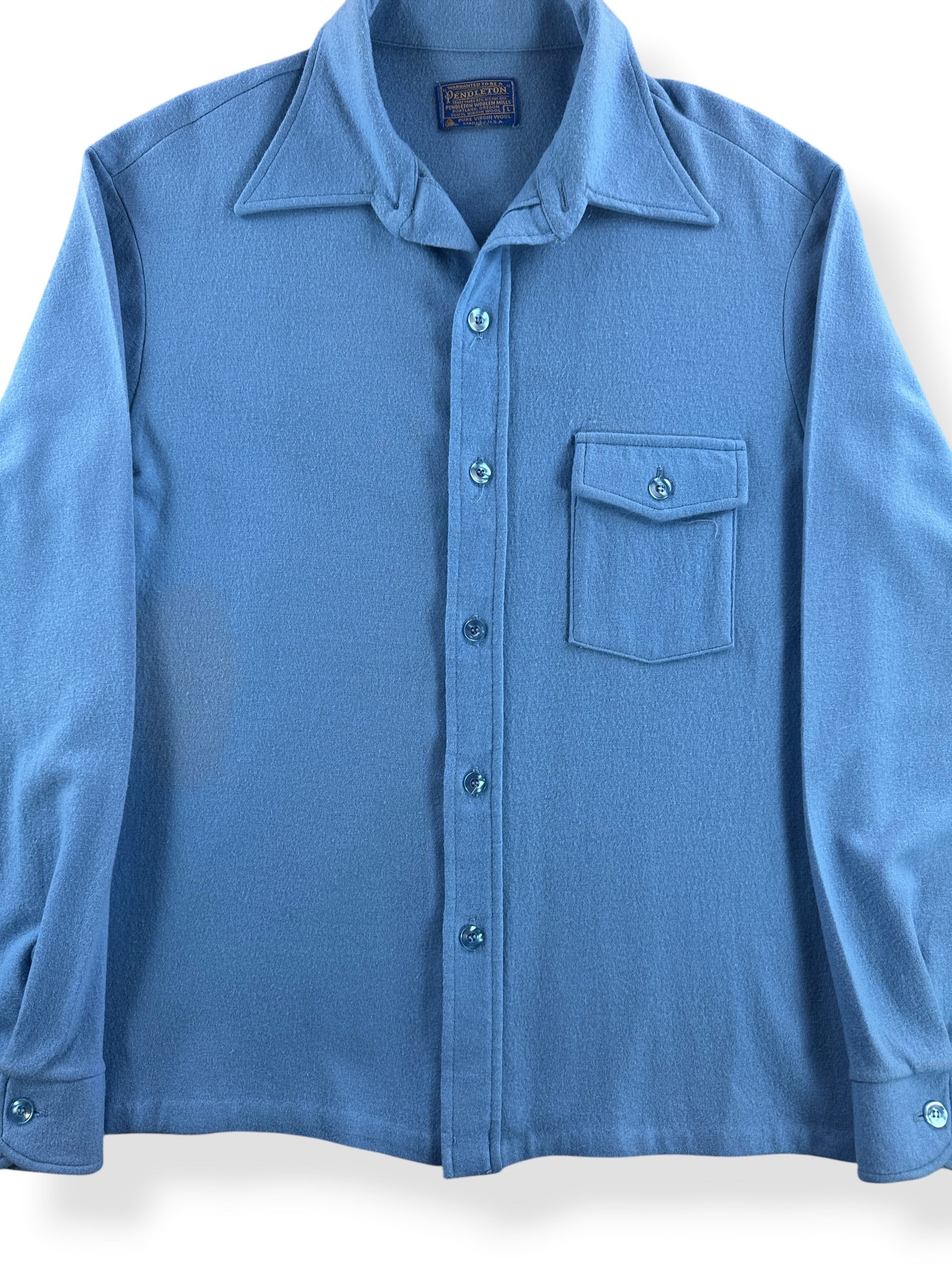 Front Close Up of Vintage Light Blue Pendleton Soft Wool Shirt SZ L