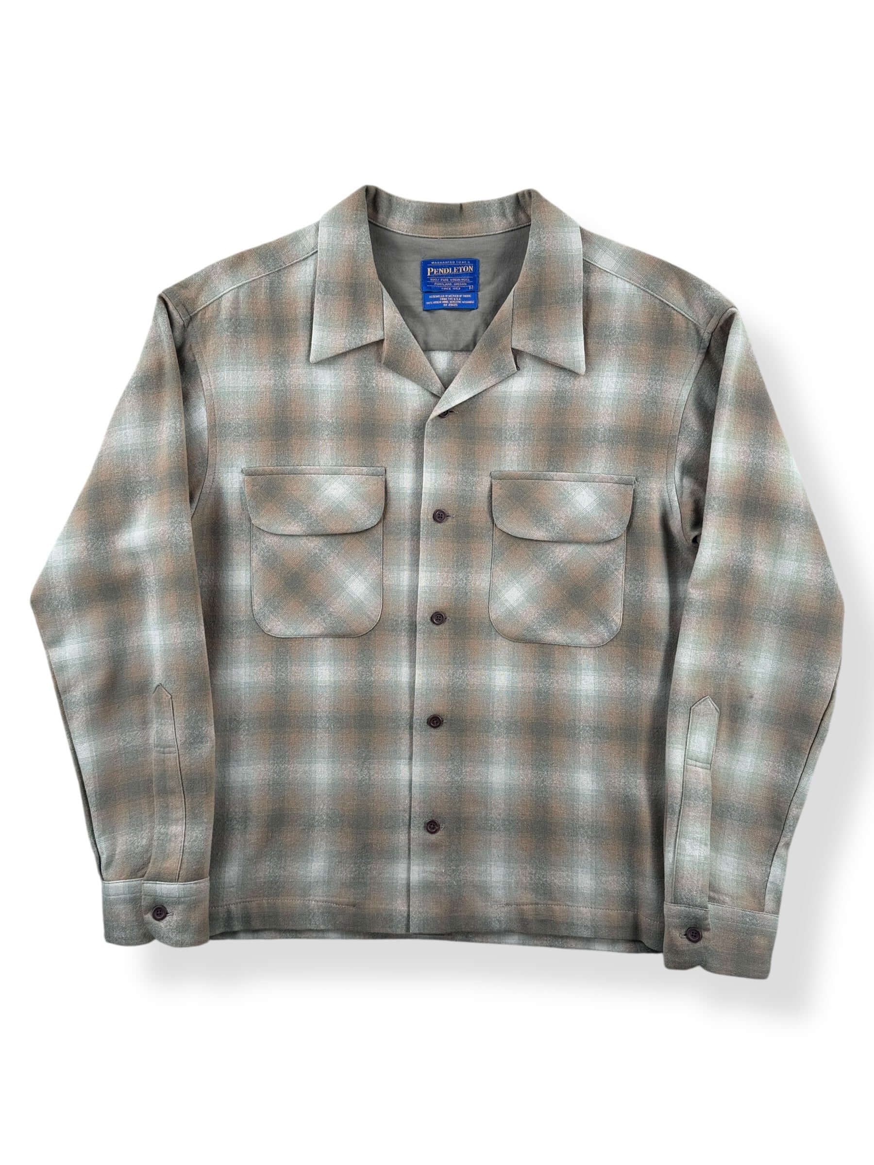 Front of Vintage Made in Mexico Pendleton Beige & Green Plaid Board Shirt SZ L