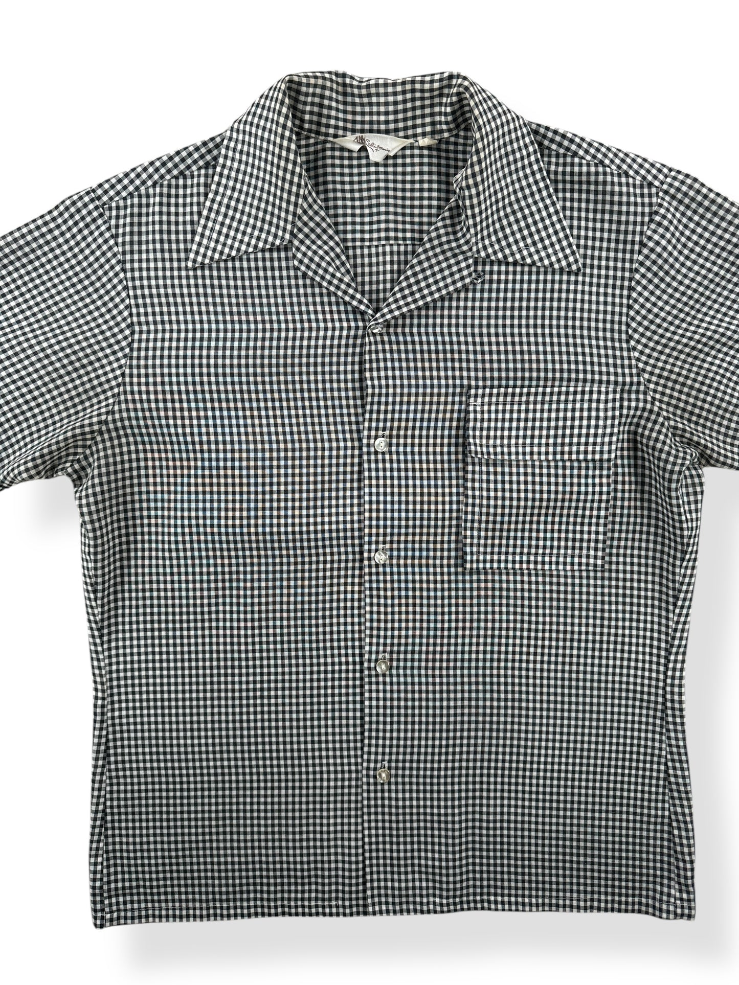 Front Close Up of Vintage Mr California Black Gingham Loop Collar Shirt SZ M