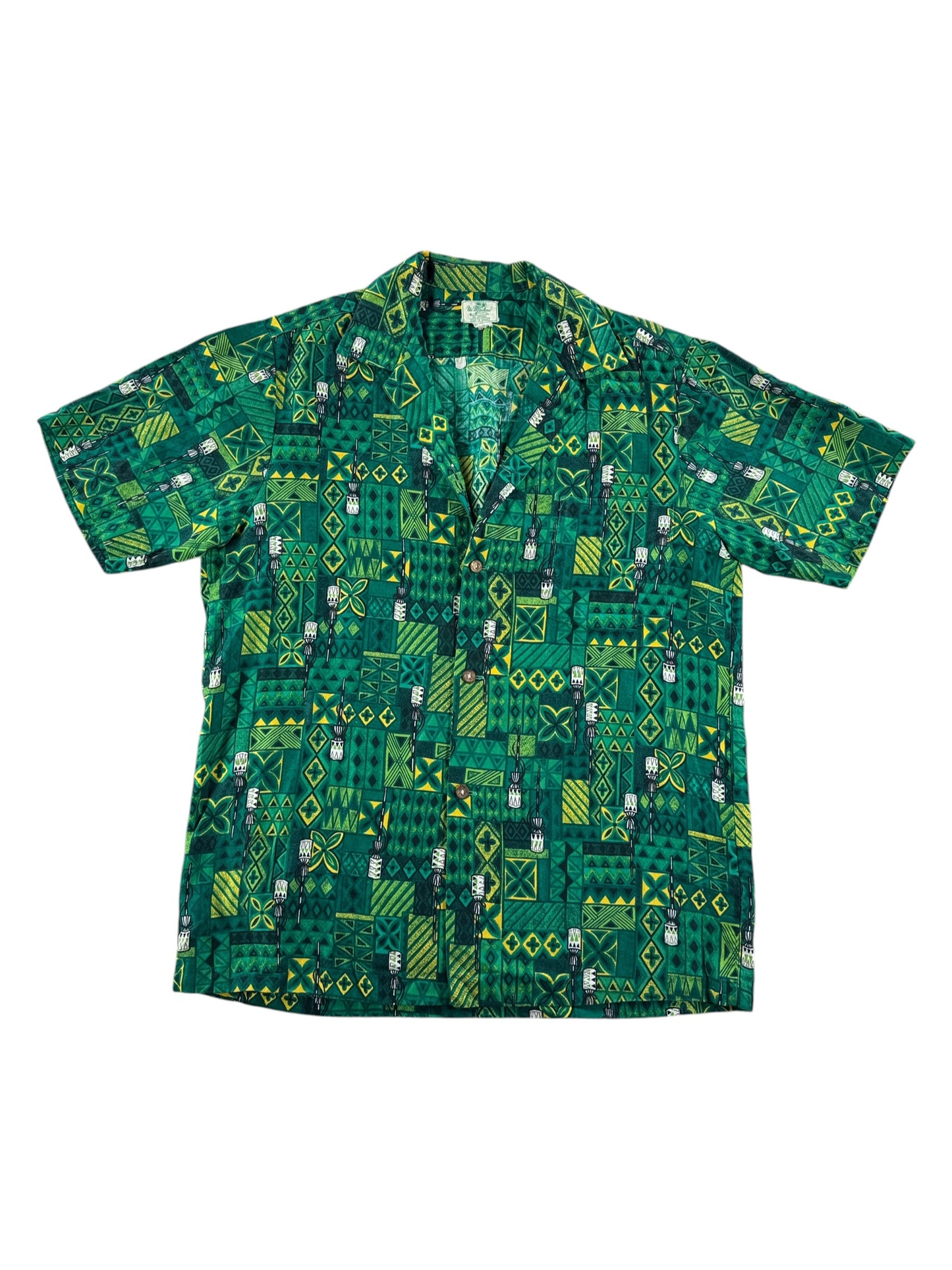 Front of Vintage Ui Maikai Green Cotton Aloha Shirt SZ M