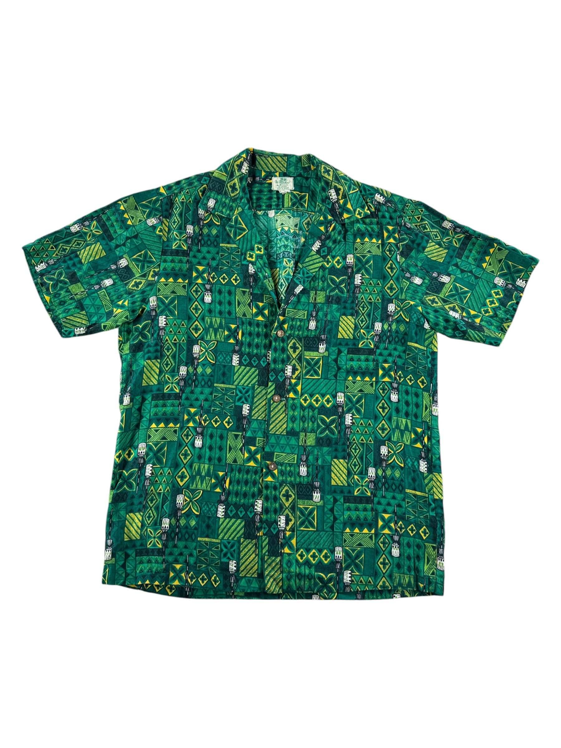 Front of Vintage Ui Maikai Green Cotton Aloha Shirt SZ M