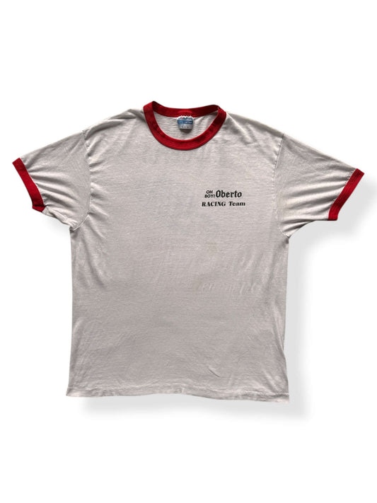 Front of Vintage Pepperoni Powered Oberto Ringer Tee