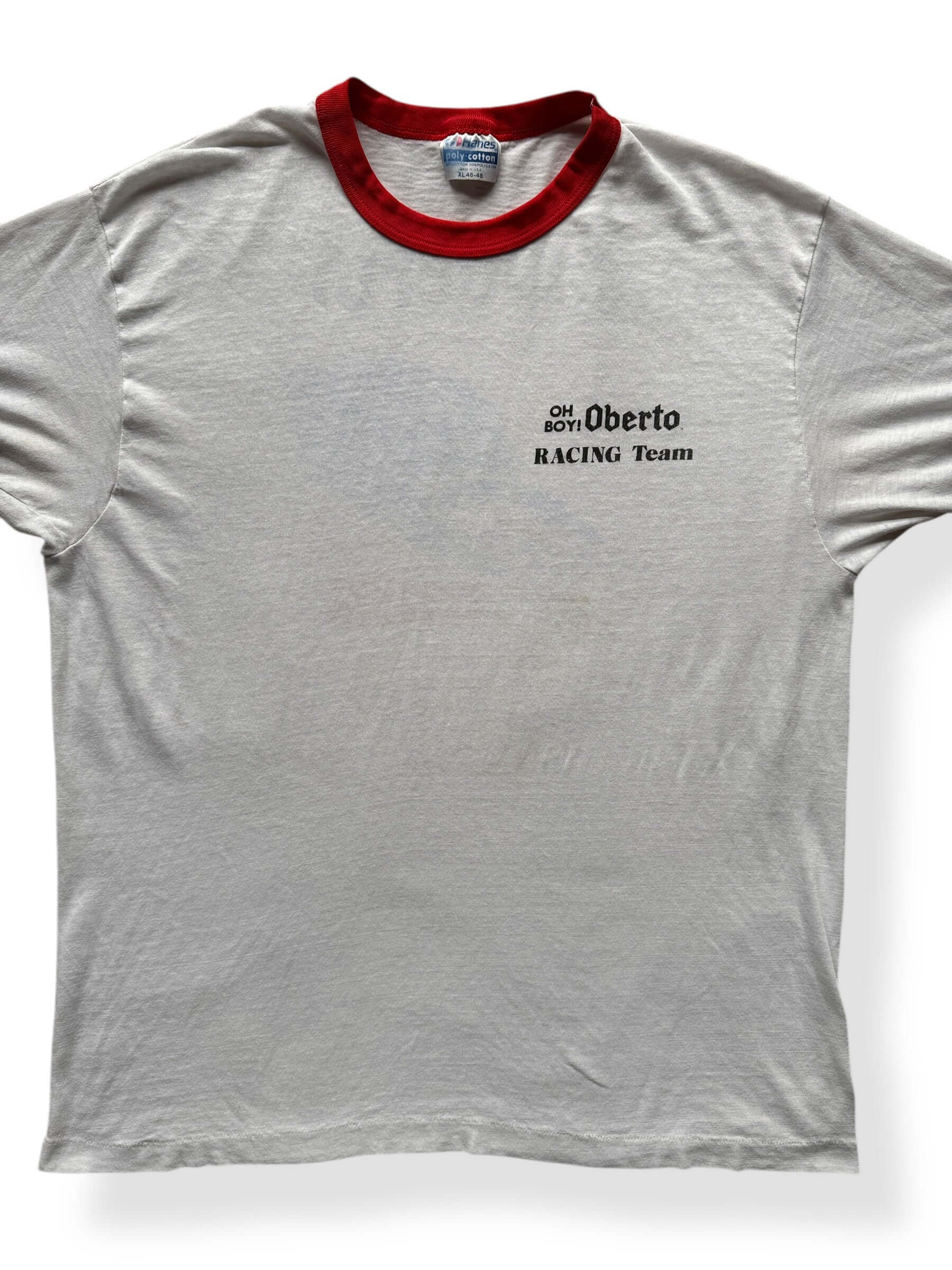 Front Close Up of Vintage Pepperoni Powered Oberto Ringer Tee