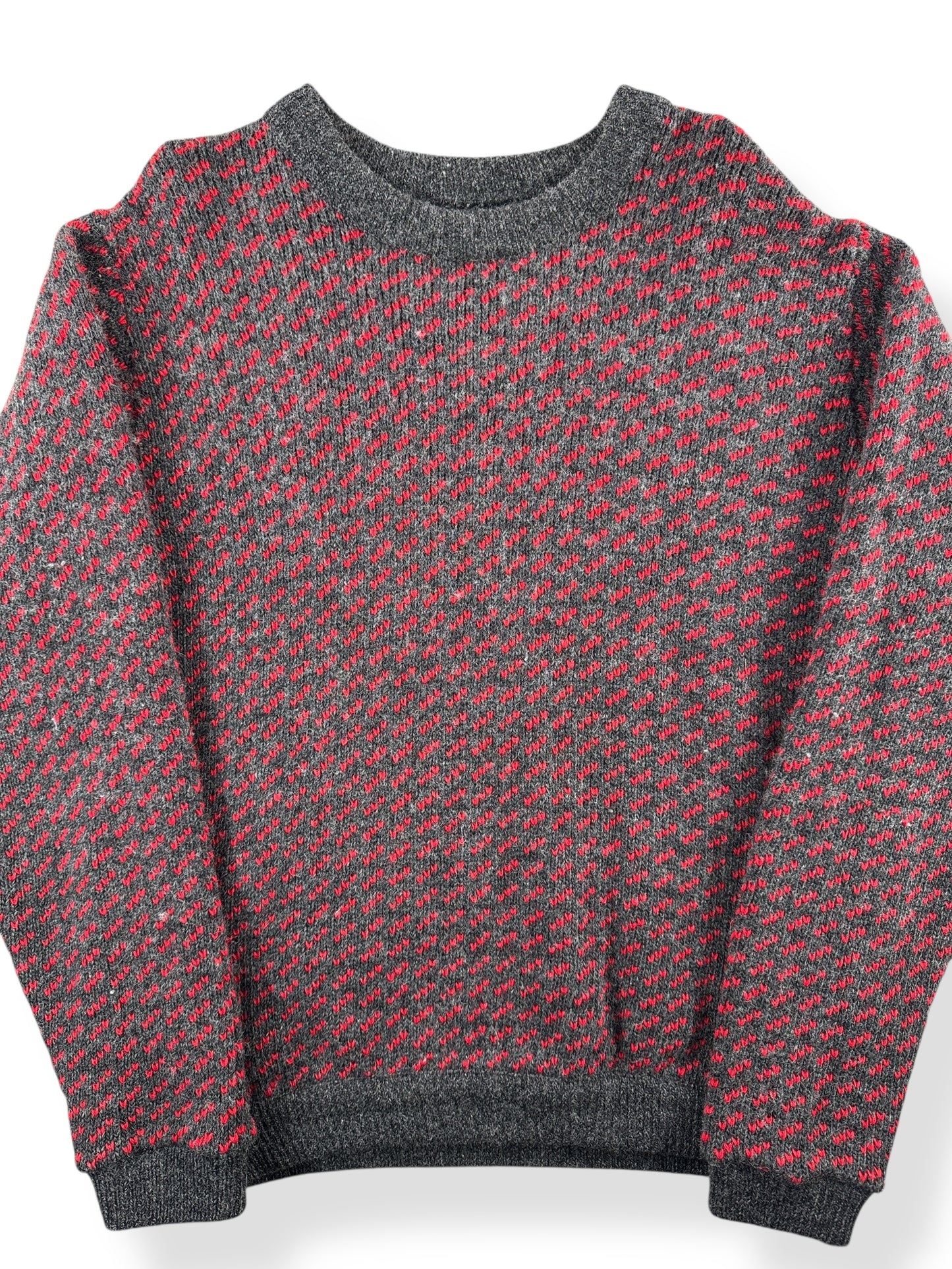 Front Close Up of Vintage Red & Grey L.L. Bean Nordic Birdseye Sweater SZ M