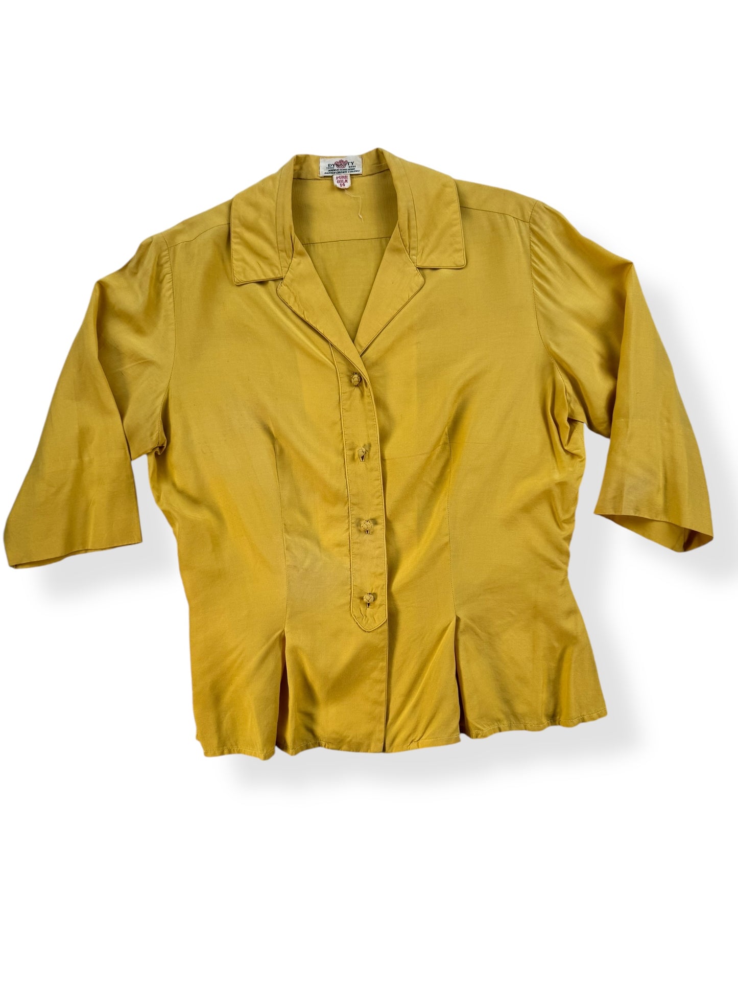 Front view of 1950s Yellow Dynasty Silk Top M