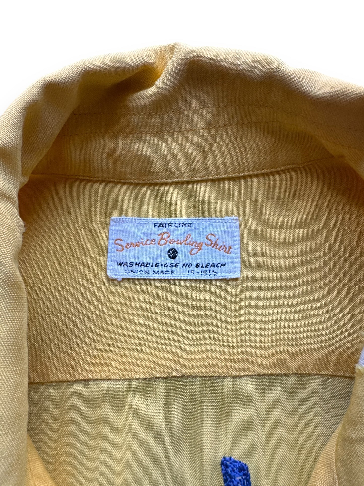 tag on Vintage Yellow Rayon Montebello Bowling Shirt SZ L