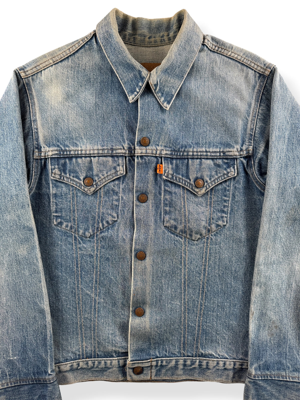 Close-up of Vintage 70’s Orange Tab Levi’s Denim Jacket SZ S