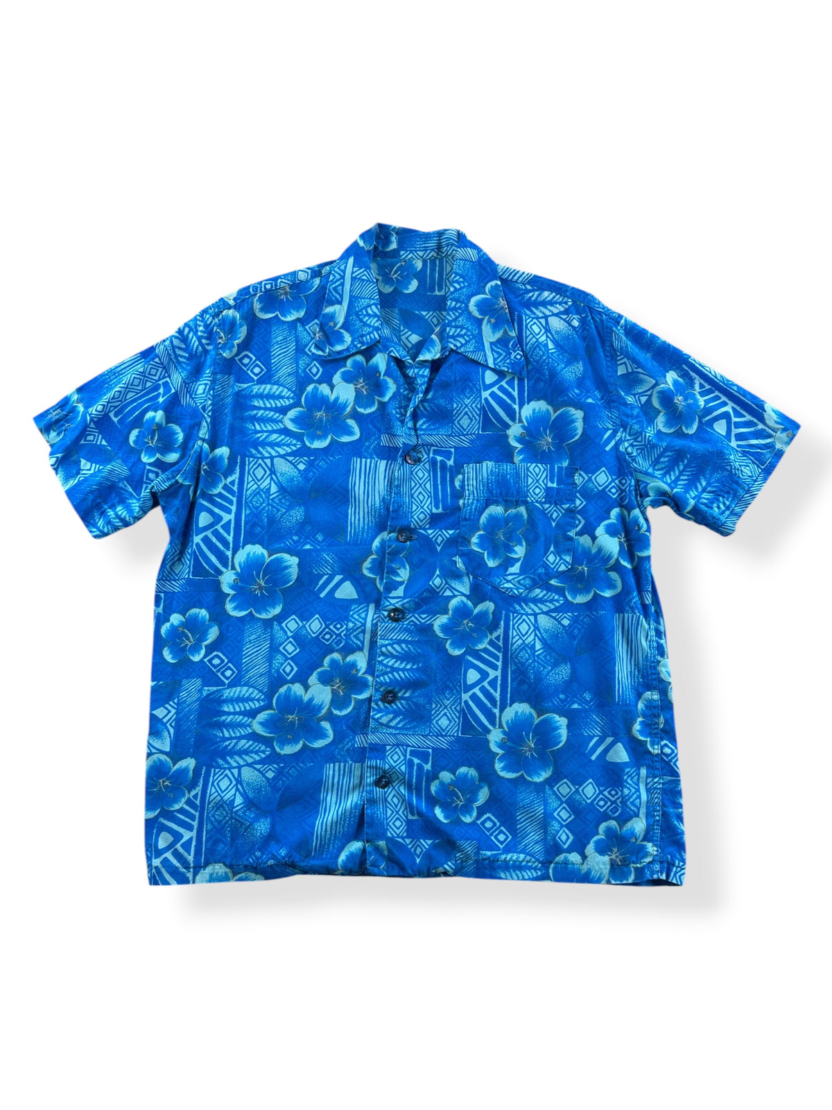 Front of Vintage Blue Unlabeled Aloha Shirt SZ M