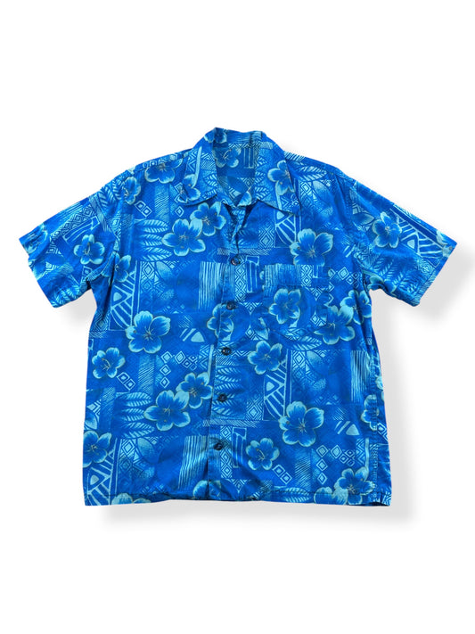 Front of Vintage Blue Unlabeled Aloha Shirt SZ M