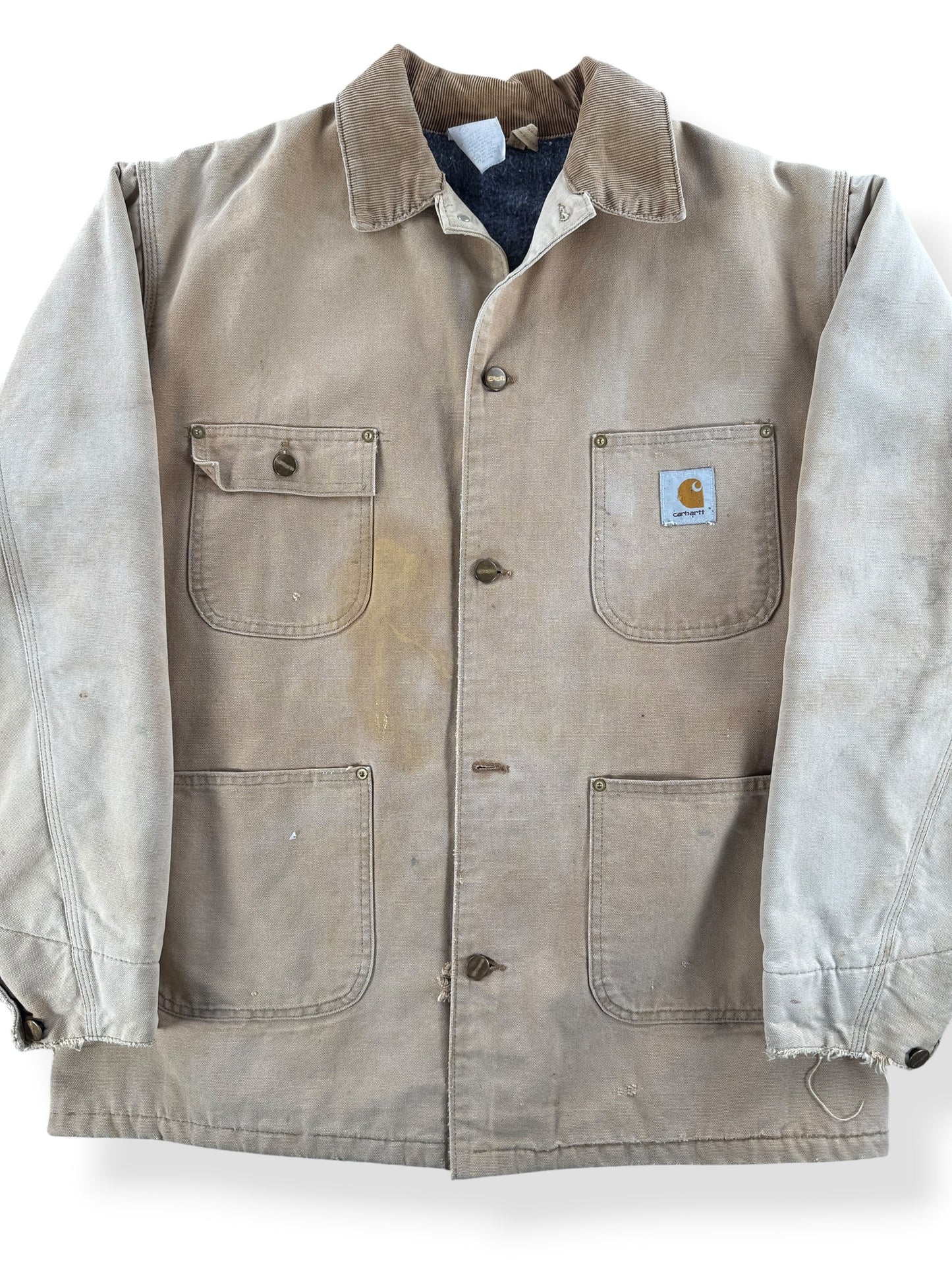 Front Close Up of Vintage Carhartt Tan Duck Chore Coat SZ XL
