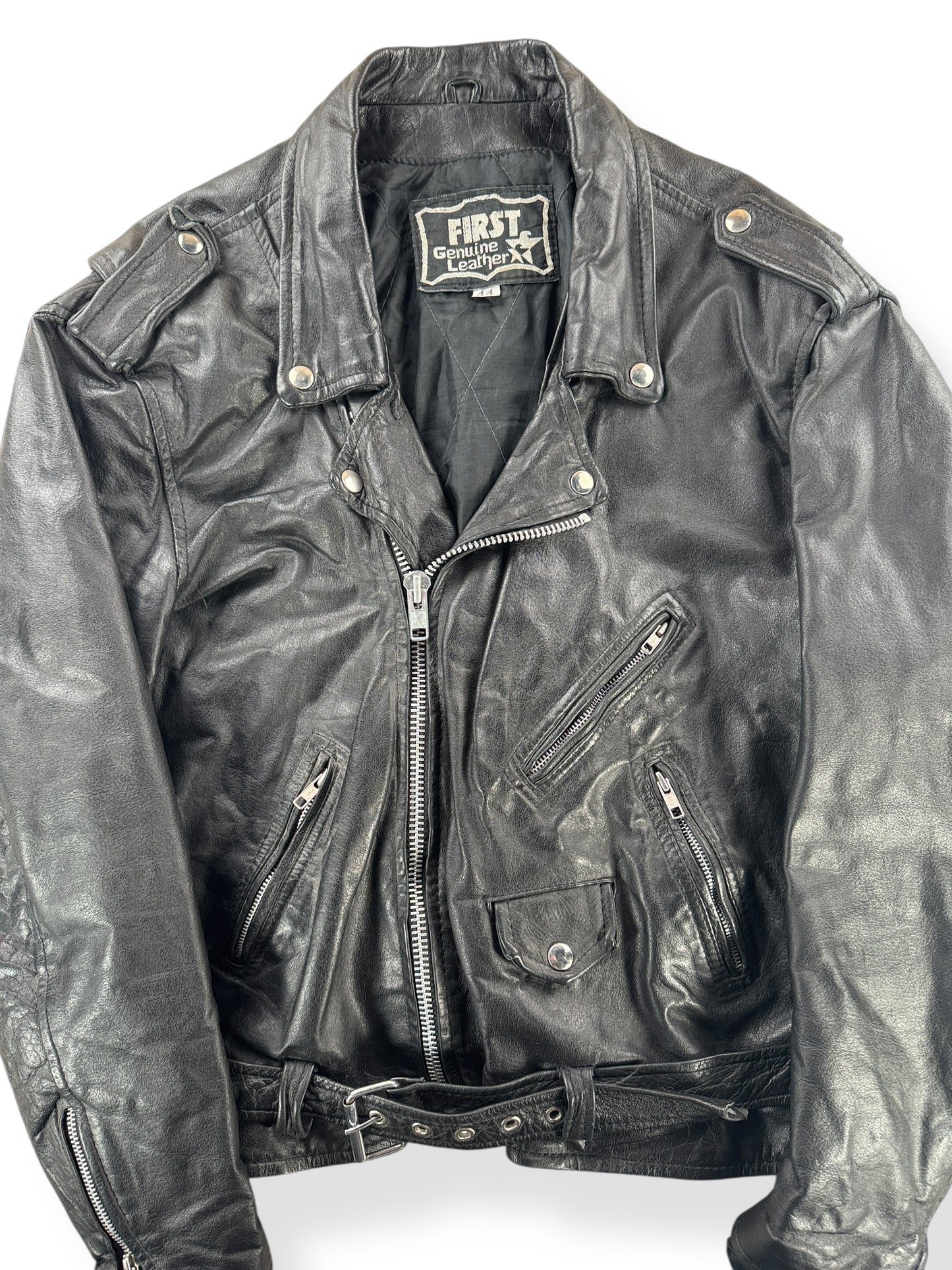 Front Close Up of Vintage First Leather Biker Jacket SZ 44