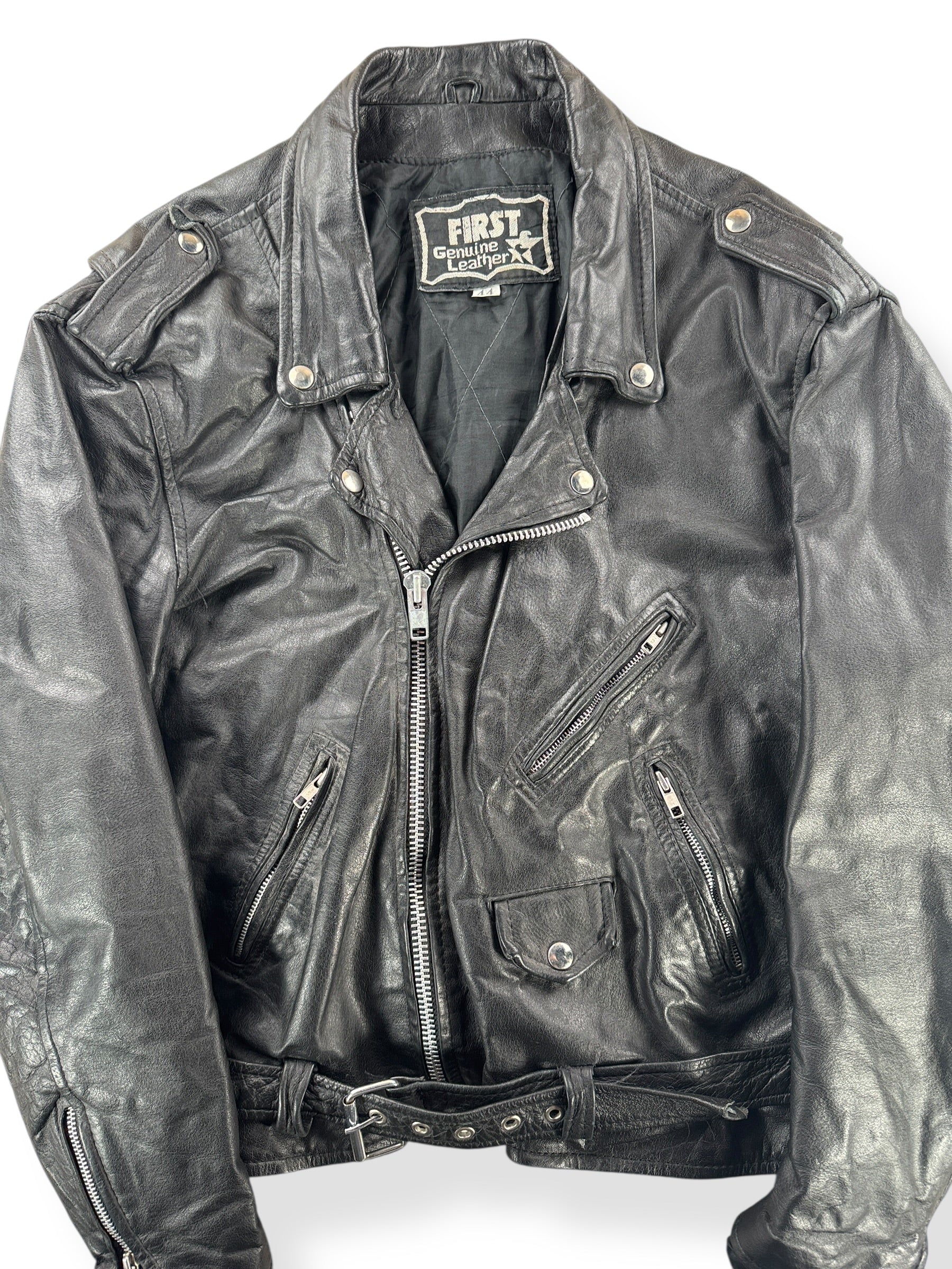 Front Close Up of Vintage First Leather Biker Jacket SZ 44