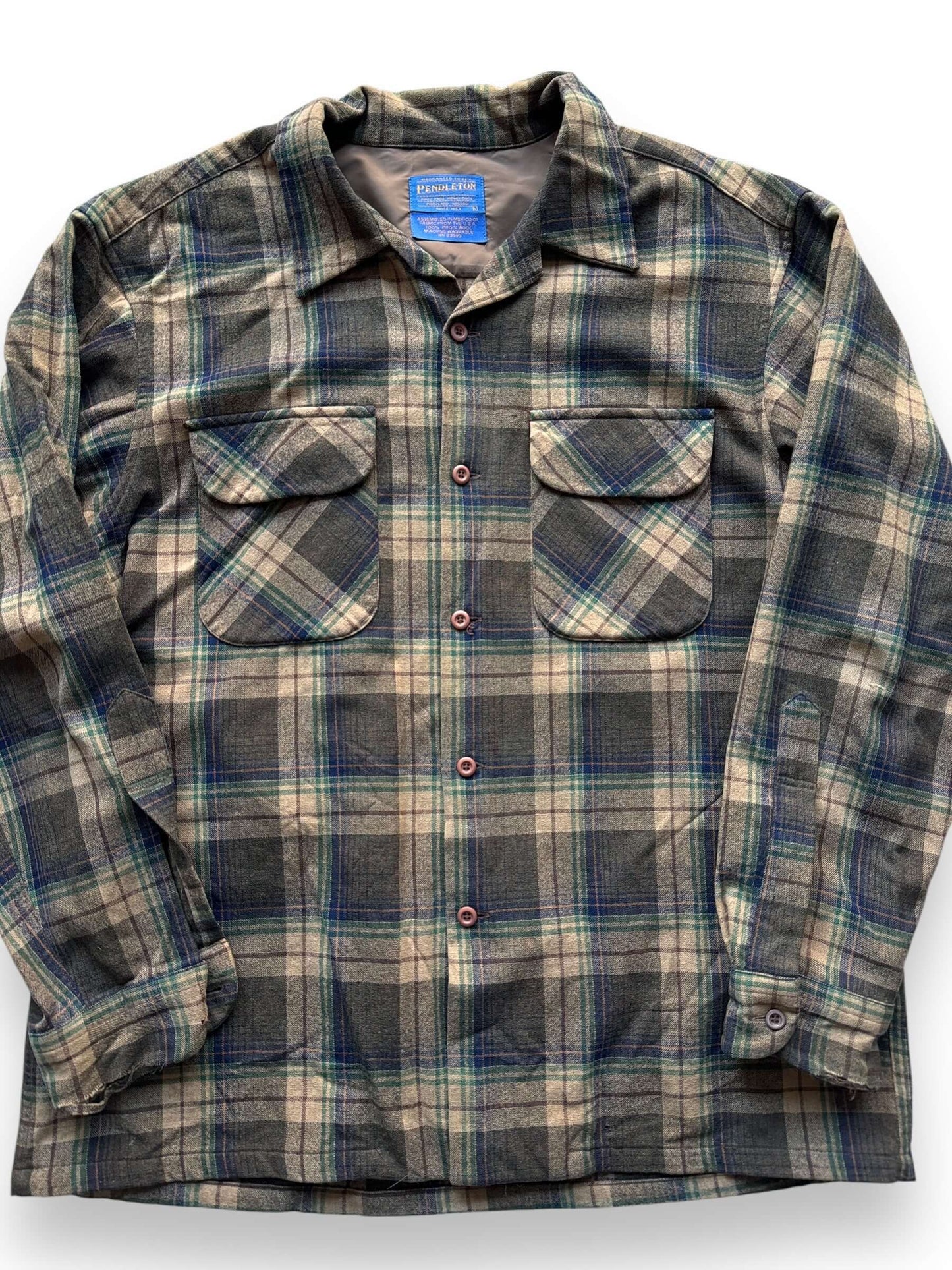 front close up of Vintage Pendleton Brown/Green/Navy Board Shirt Flannel SZ L