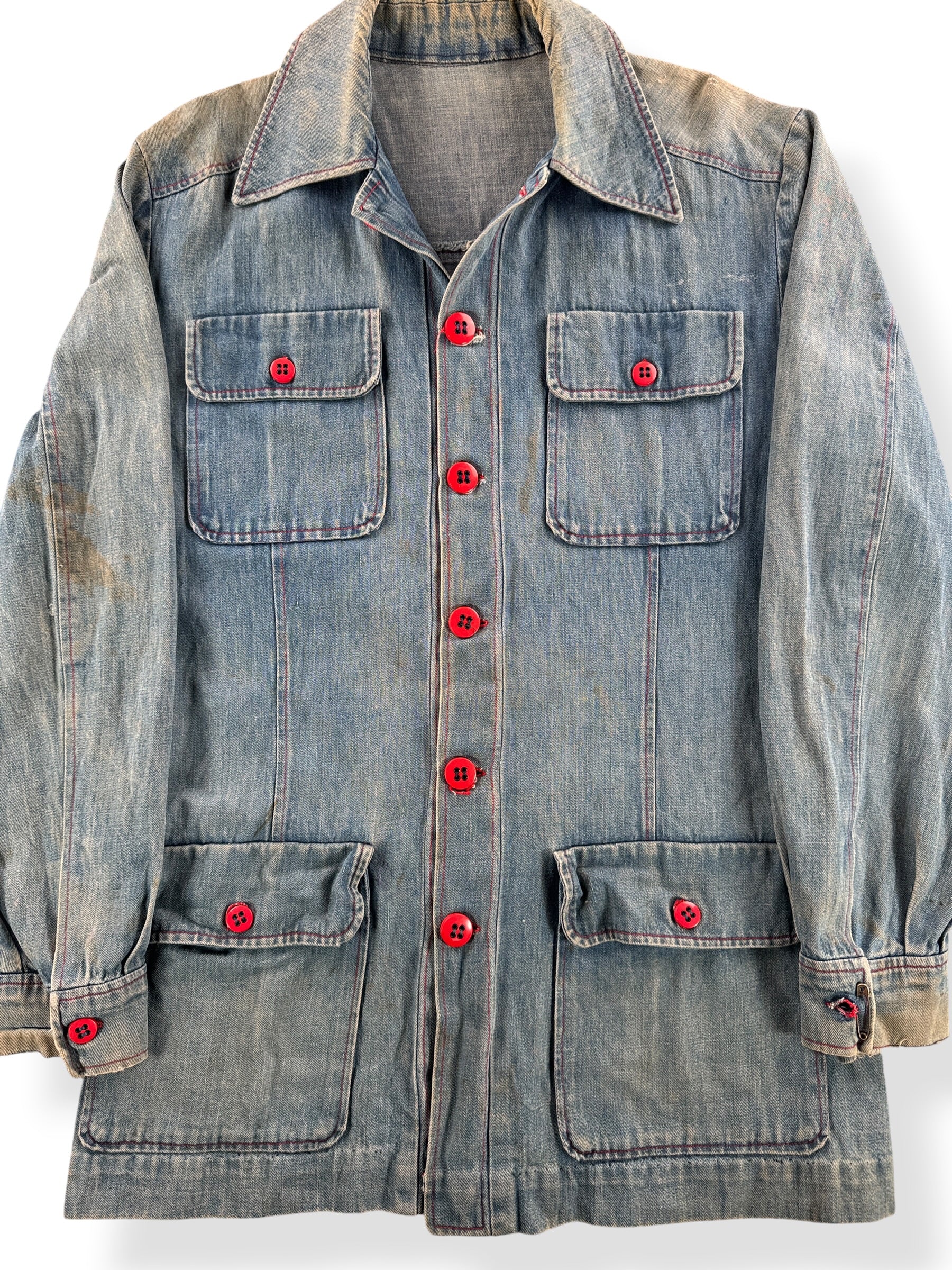 Front Close Up of Vintage Weird Denim Chore Coat SZ L
