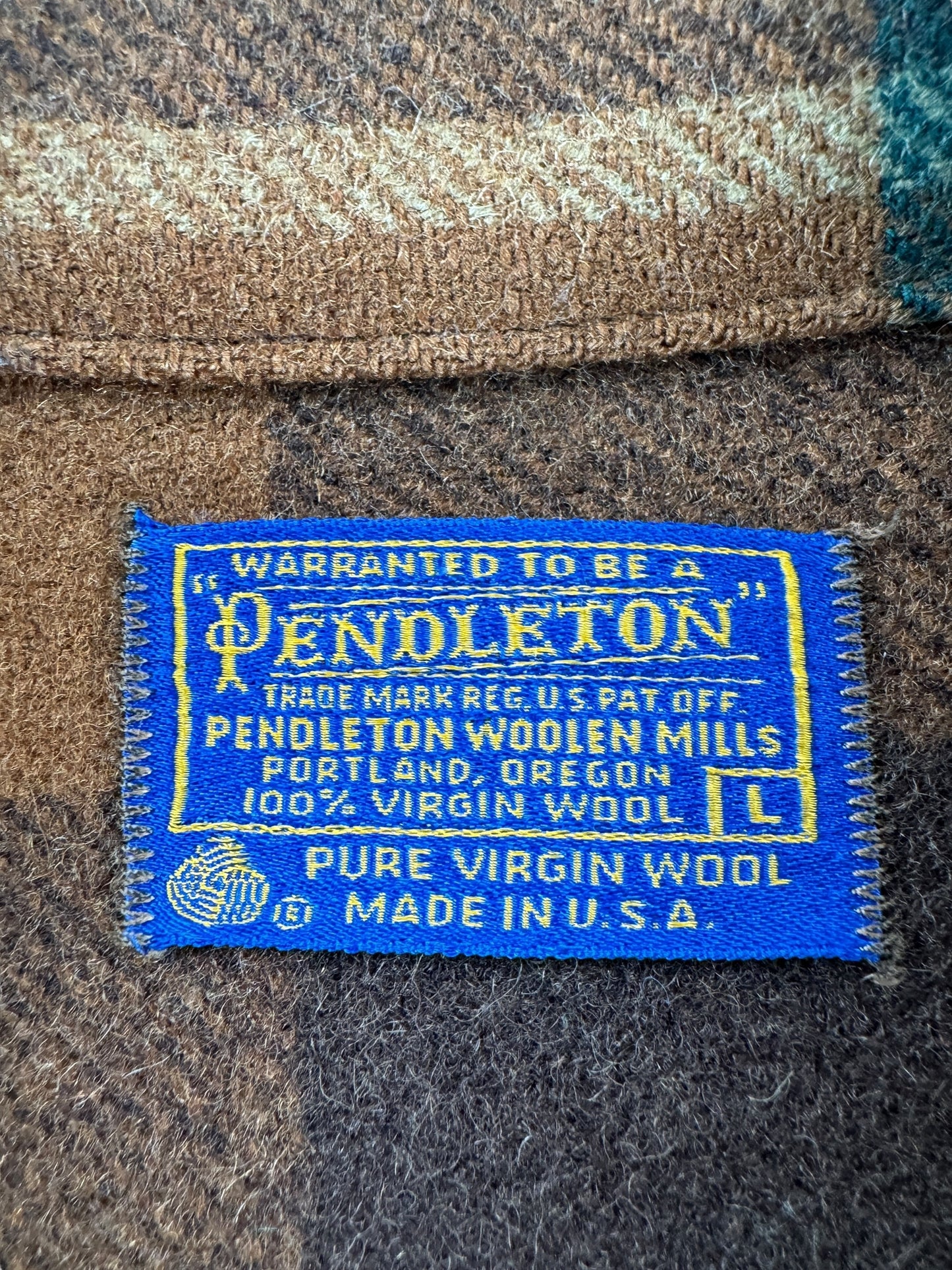 Label on Vintage Pendleton Brown and Green Jacket SZ L