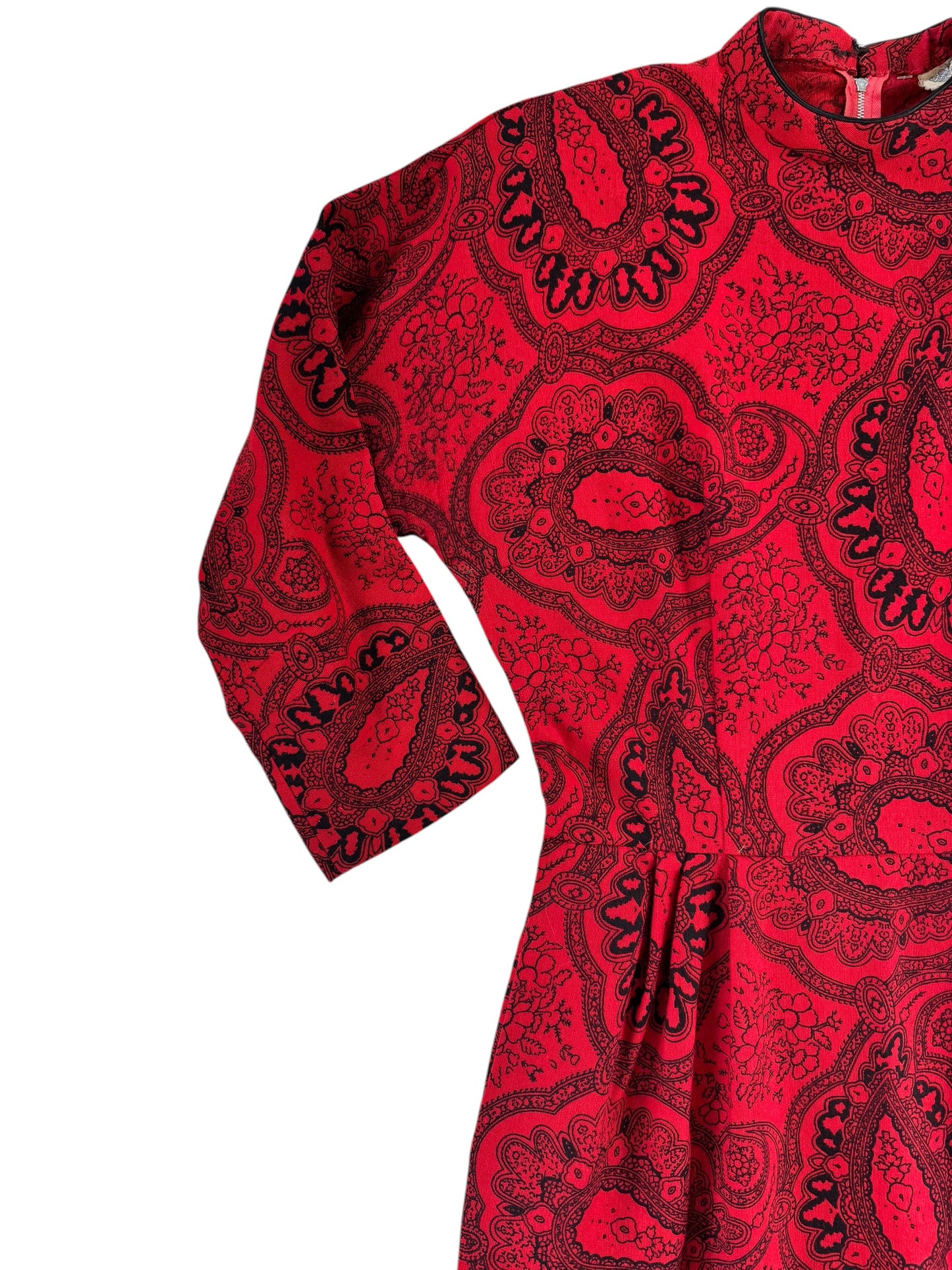 Front right shoulder view of 1950s Red Paisley Wiggle Dress M