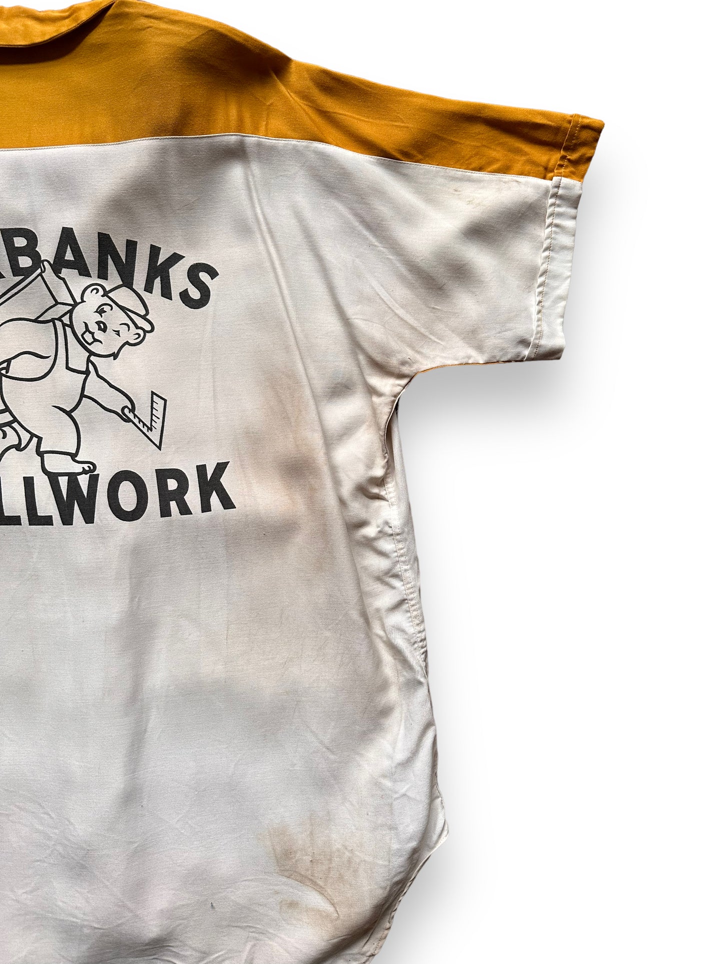 back right stains on Vintage Fairbanks Millwork Bowling Shirt SZ L | Vintage Bowling Shirt Seattle | Barn Owl Vintage Seattle