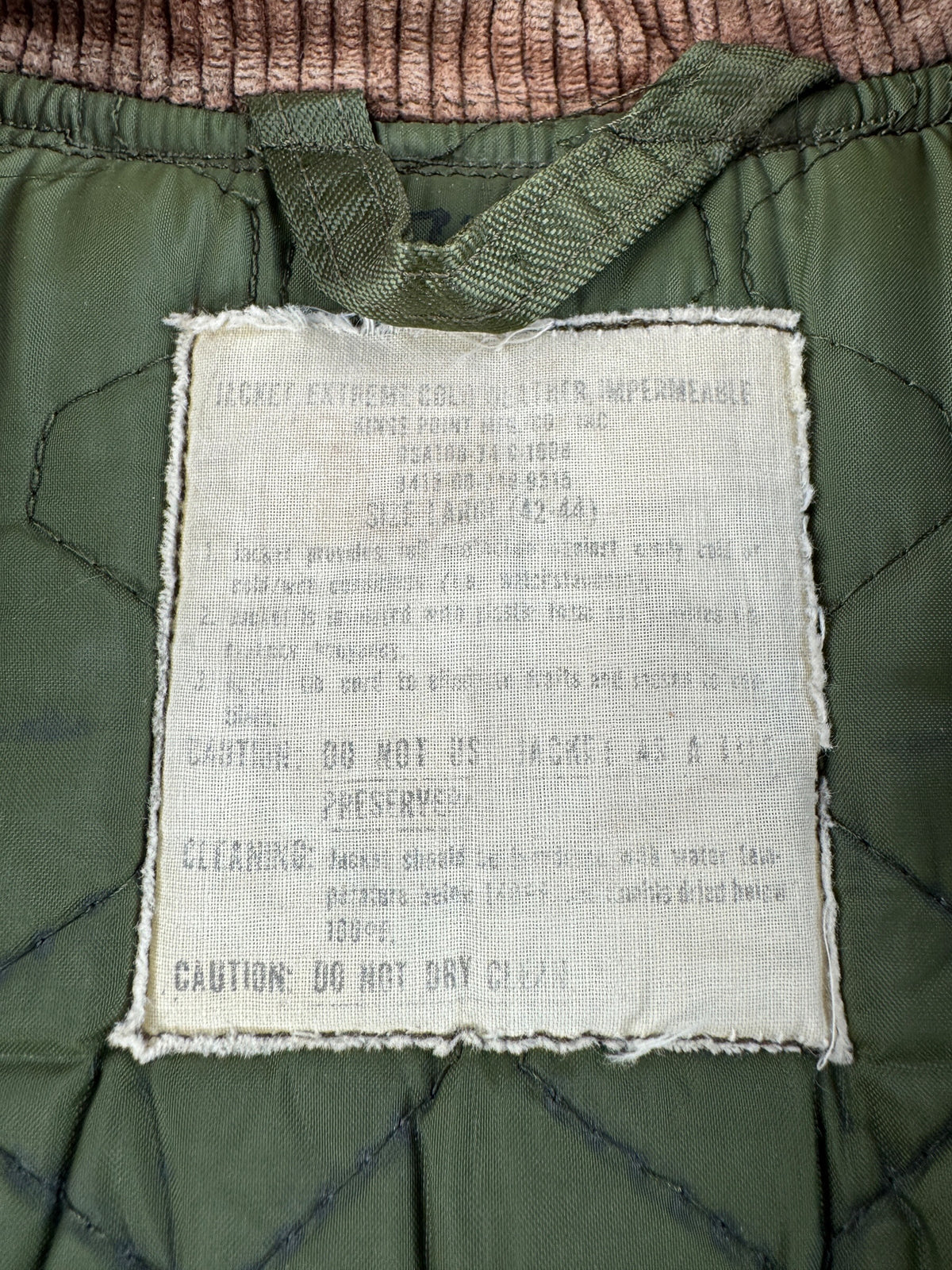 Label on Vintage 70’s Extreme Cold Weather Insulated Military Jacket SZ L