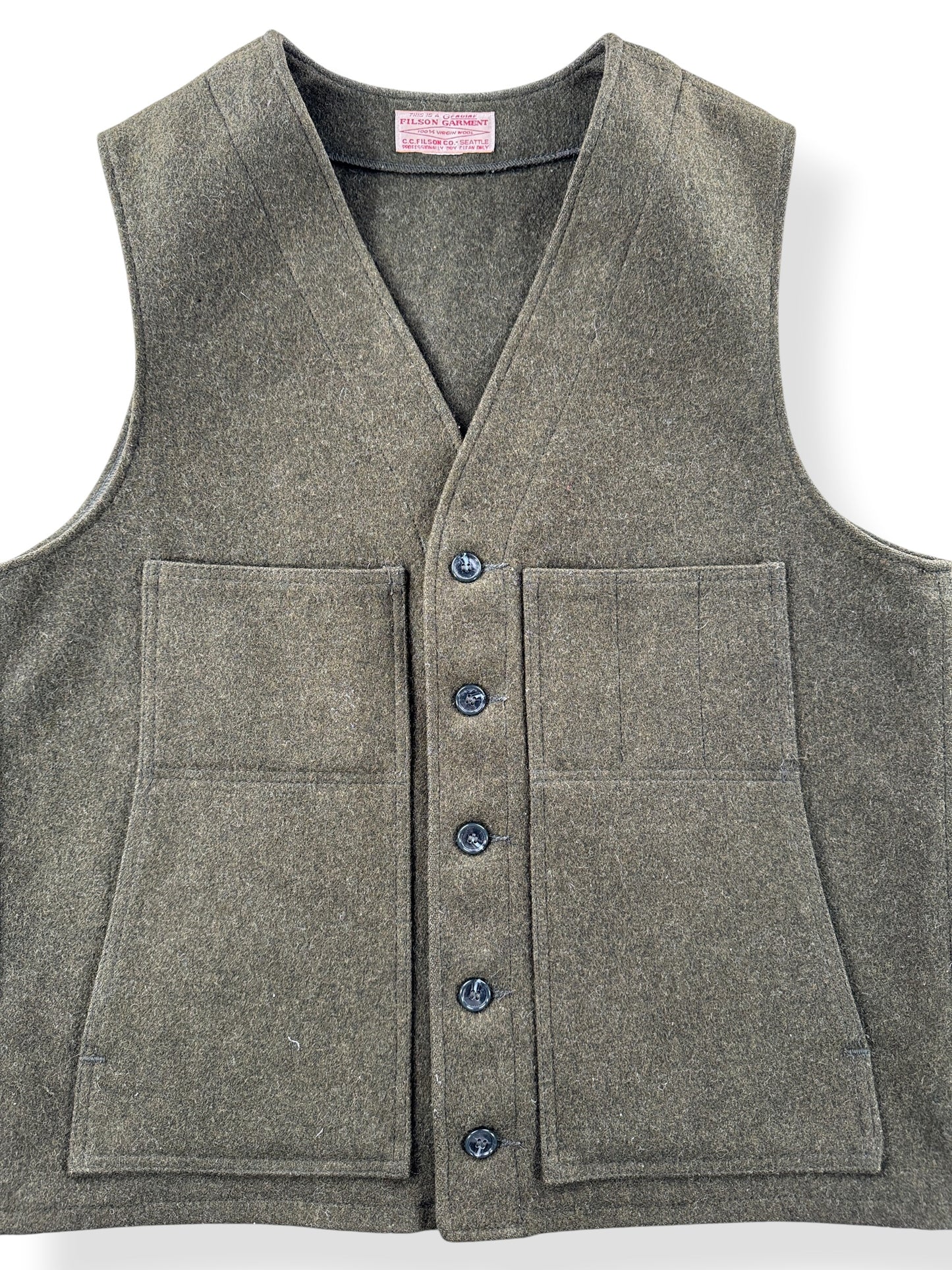 Close-up of Vintage Filson Forest Green Mackinaw Wool Vest SZ 42