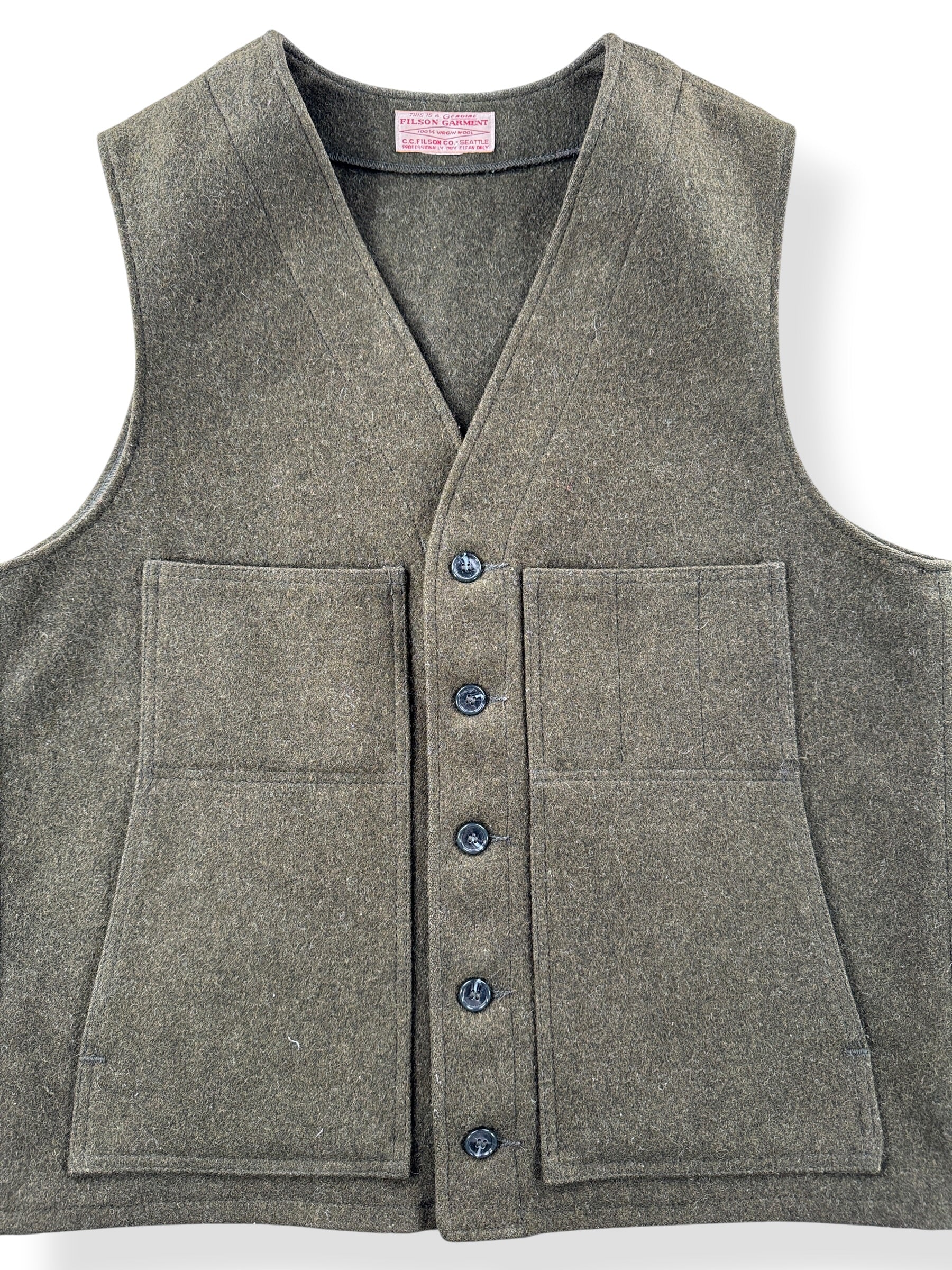 Close-up of Vintage Filson Forest Green Mackinaw Wool Vest SZ 42