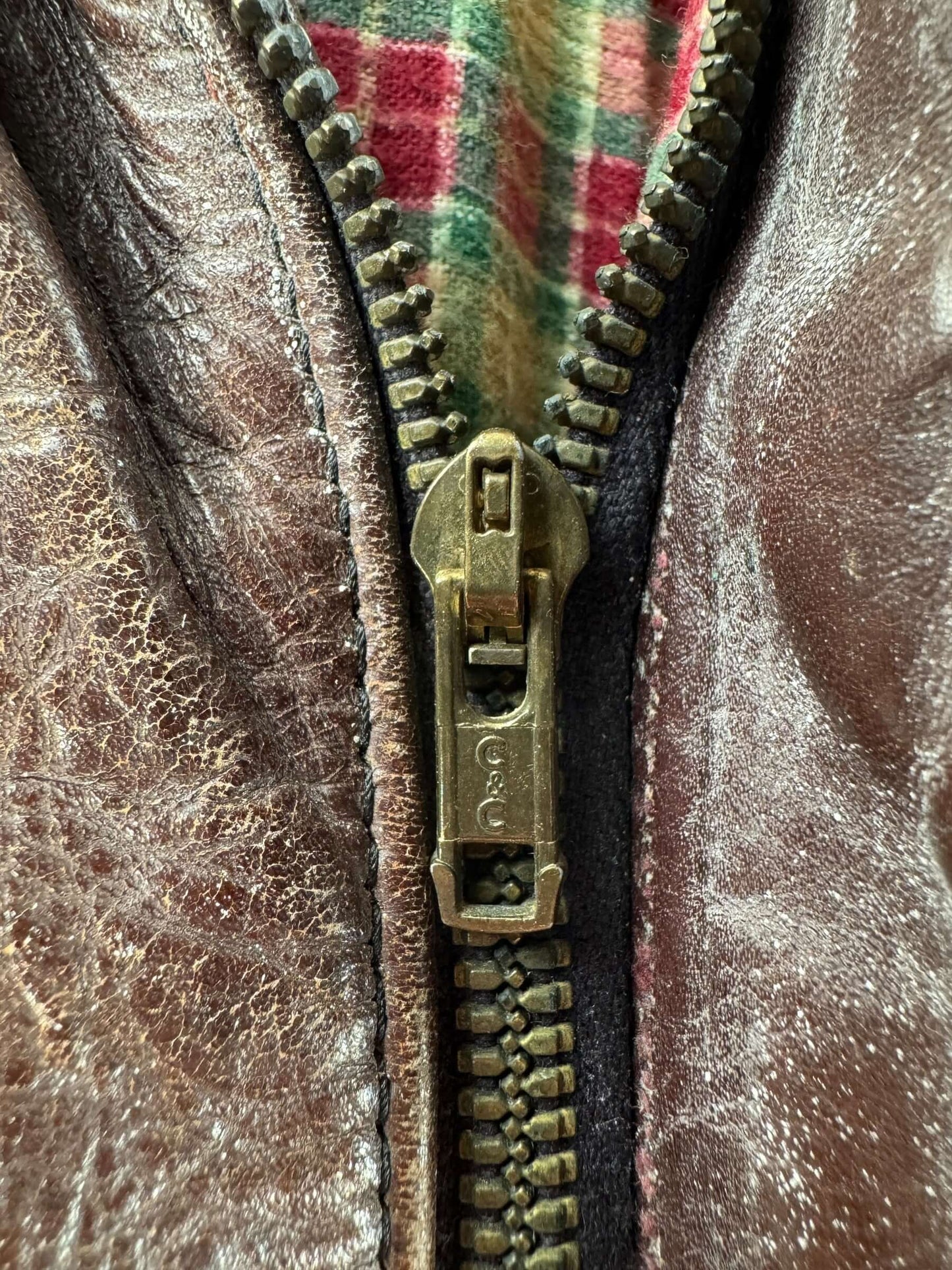 Zipper on Vintage Flannel Lined A-2 Style Leather Jacket SZ M