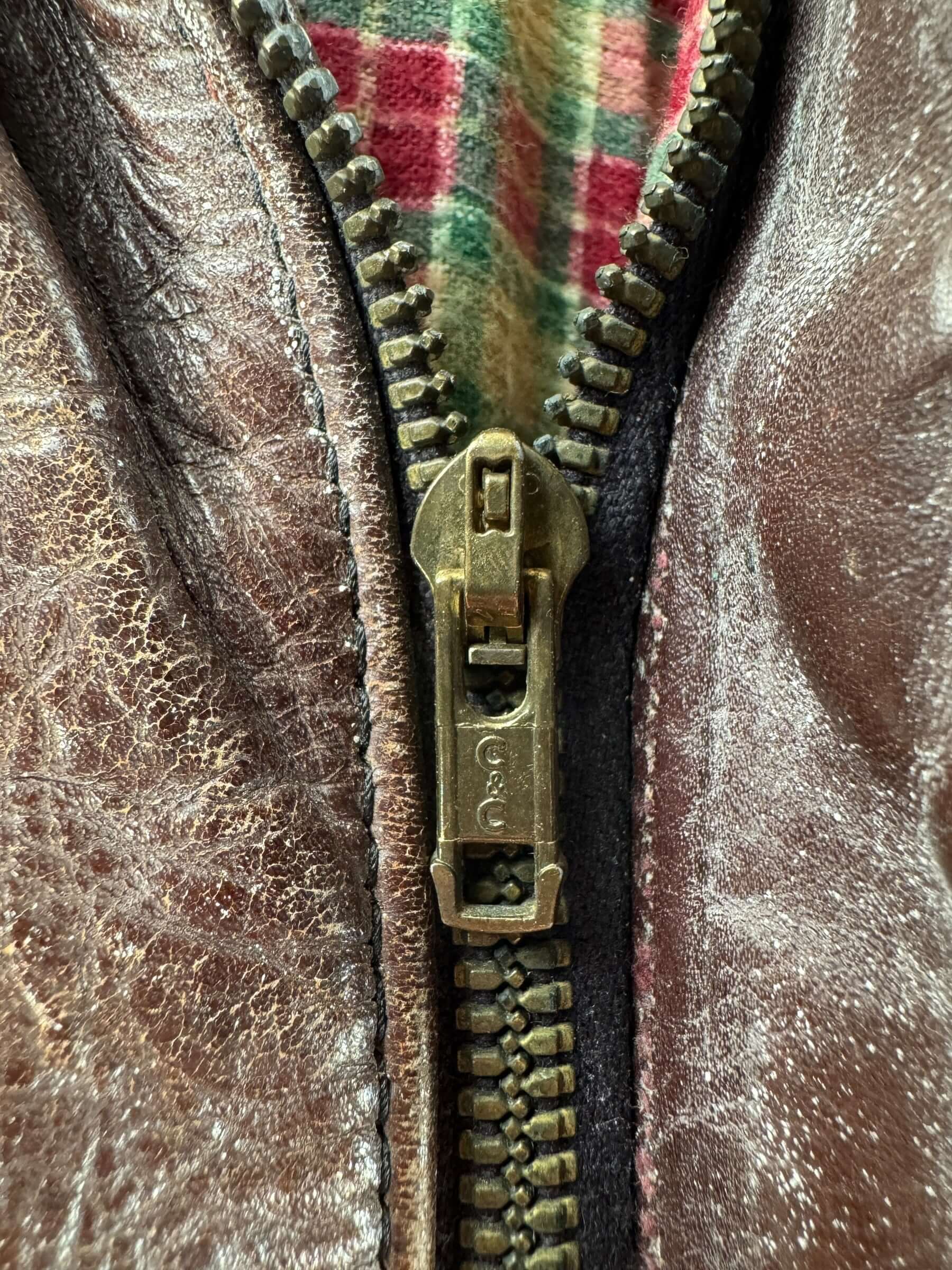 Zipper on Vintage Flannel Lined A-2 Style Leather Jacket SZ M