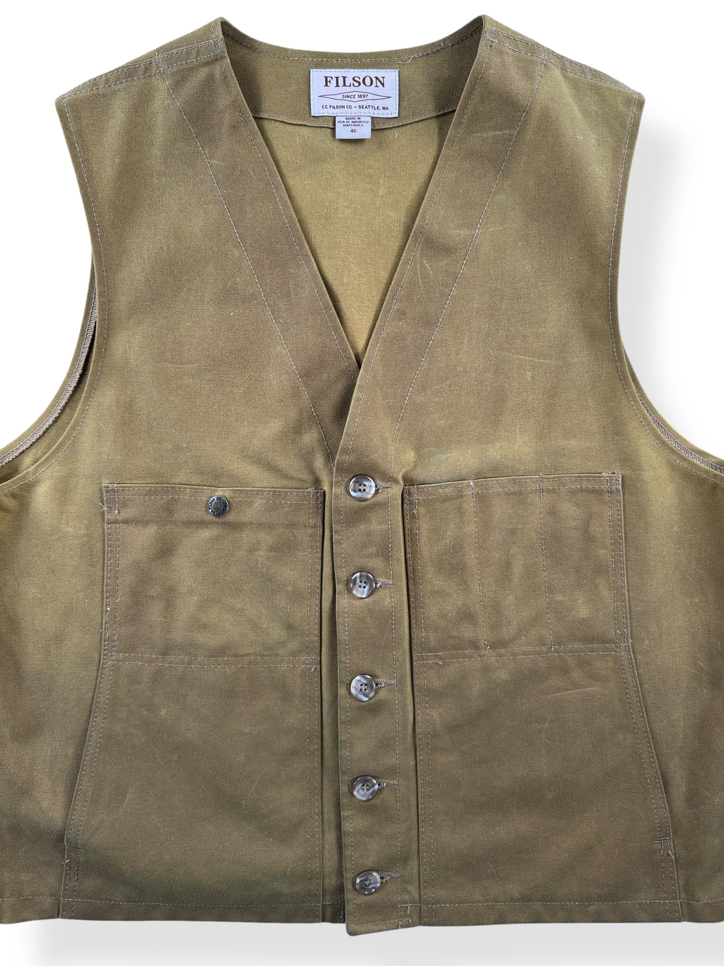 Front Close Up of Filson Dark Tan Tin Cloth Vest SZ 46