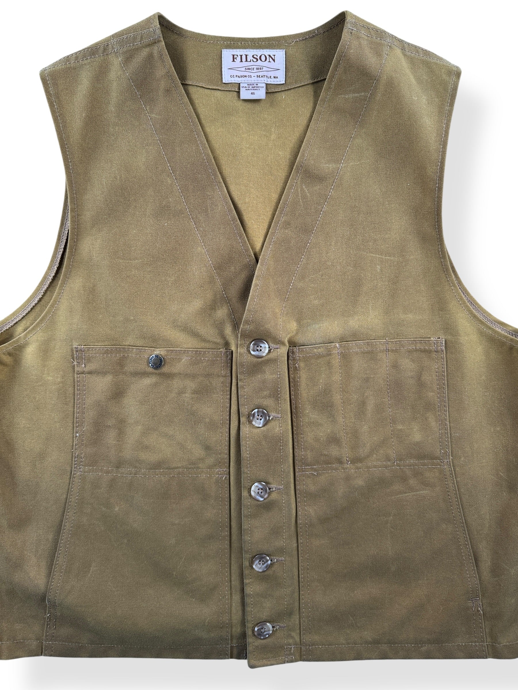 Front Close Up of Filson Dark Tan Tin Cloth Vest SZ 46