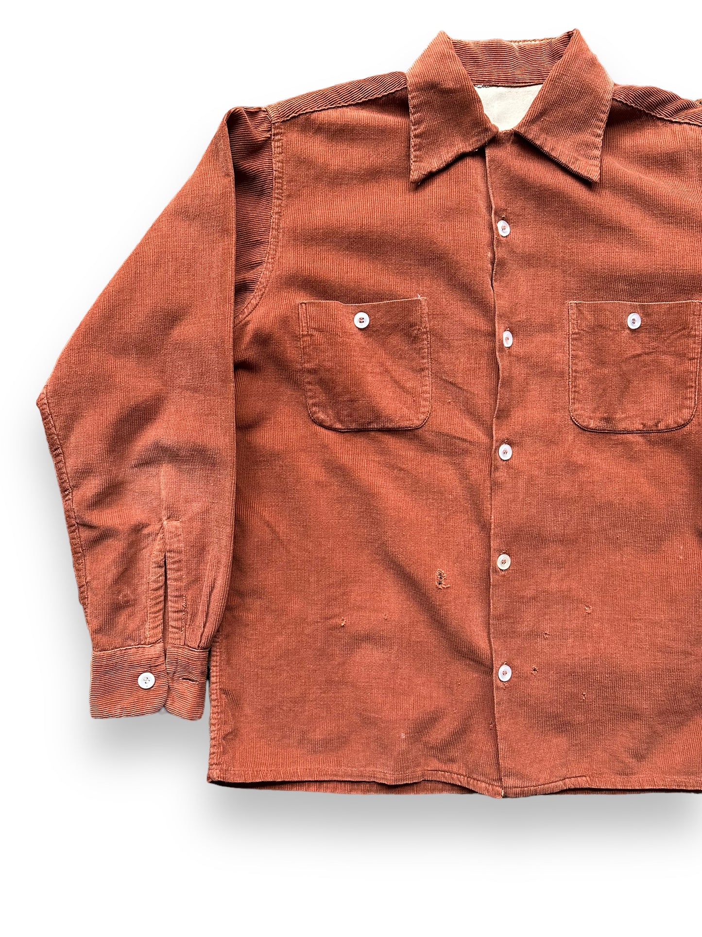 Front Right View of Vintage Rust Colored Corduroy Loop Collar Shirt  SZ M | Vintage Loop Collar Shirt Seattle | Barn Owl Vintage Seattle