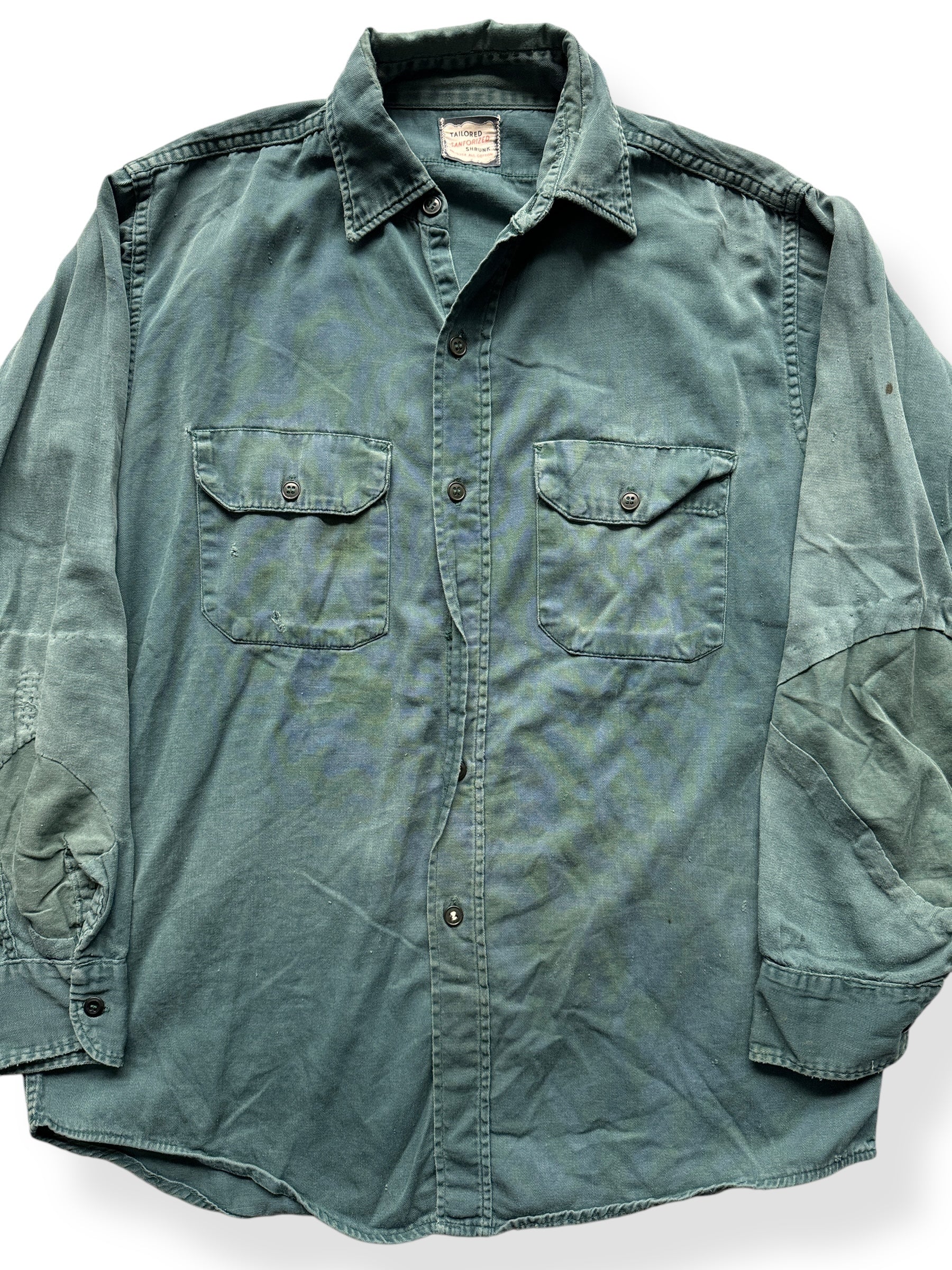 Front Close Up of Vintage Thrashed & Repaired Sanforized Green Work Shirt SZ L