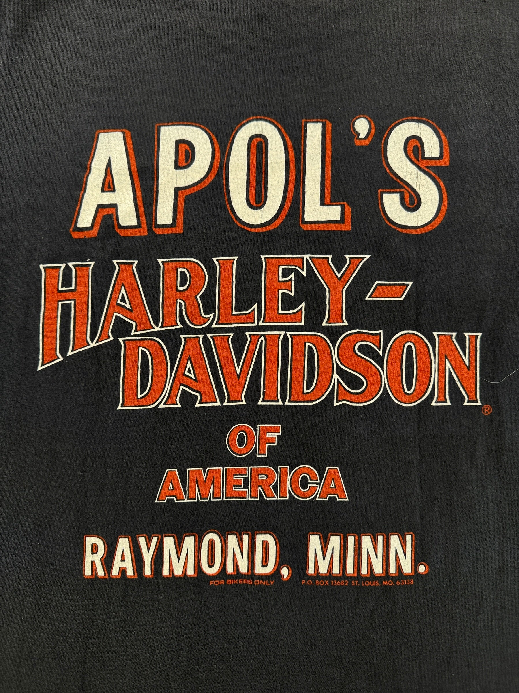 Back Graphic of Vintage Apol's Harley Davidson Raymond MN Tee SZ M (Fits S)