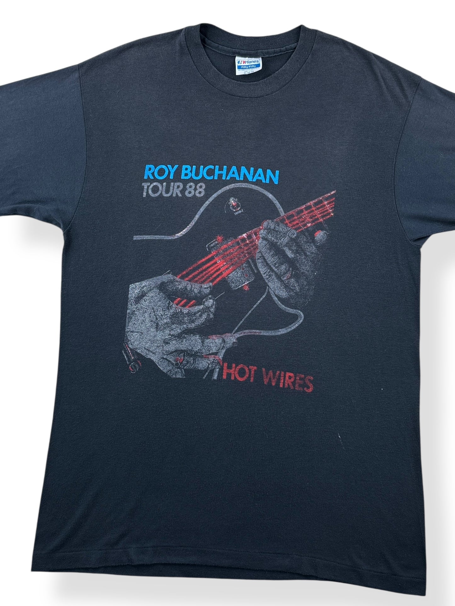 Front Close Up of Vintage Roy Buchanan Hot Wires 1988 Tour Tee SZ L