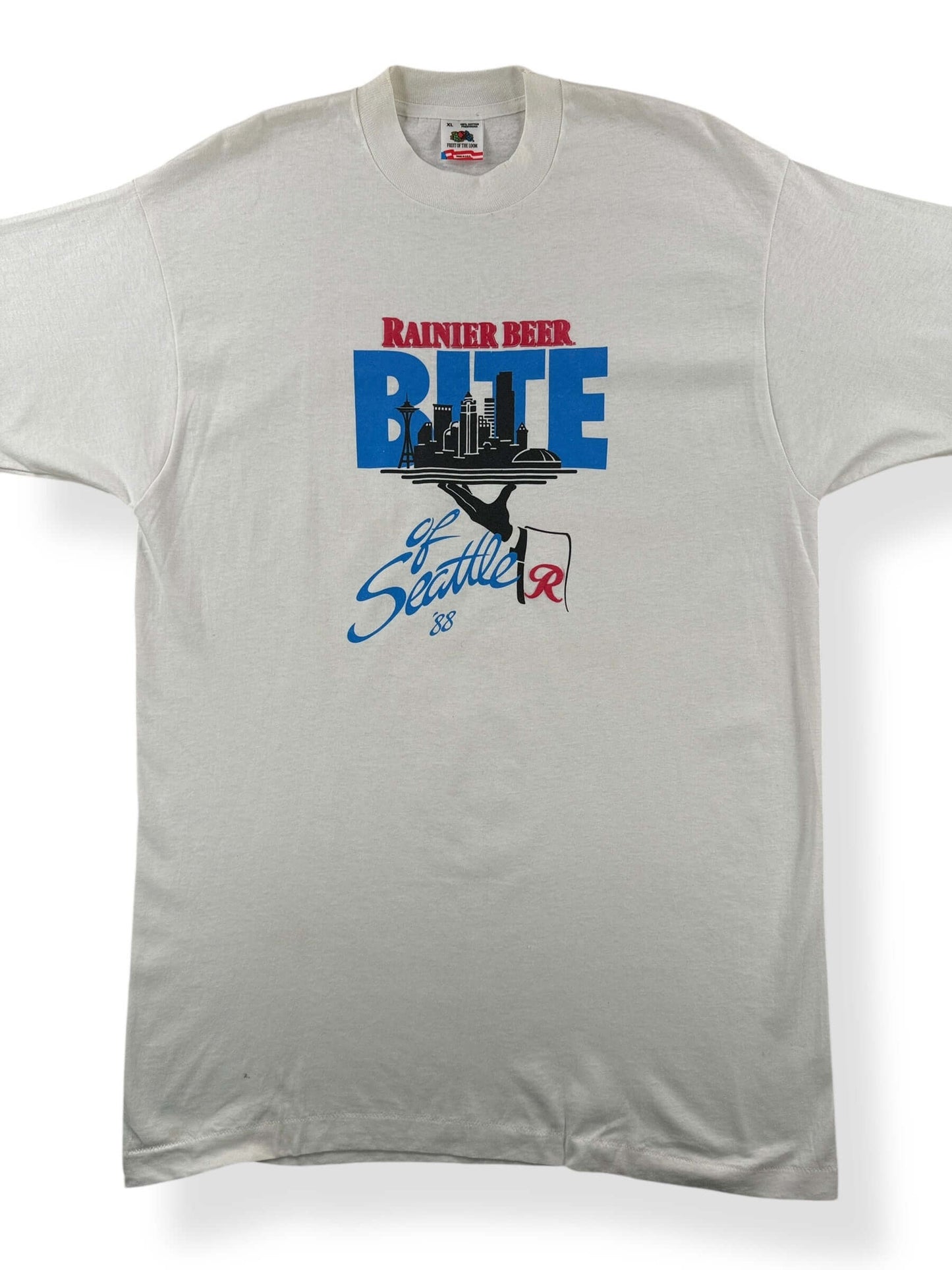 Front Close Up of Vintage 1988 Bite of Seattle Rainier Beer Tee SZ XL