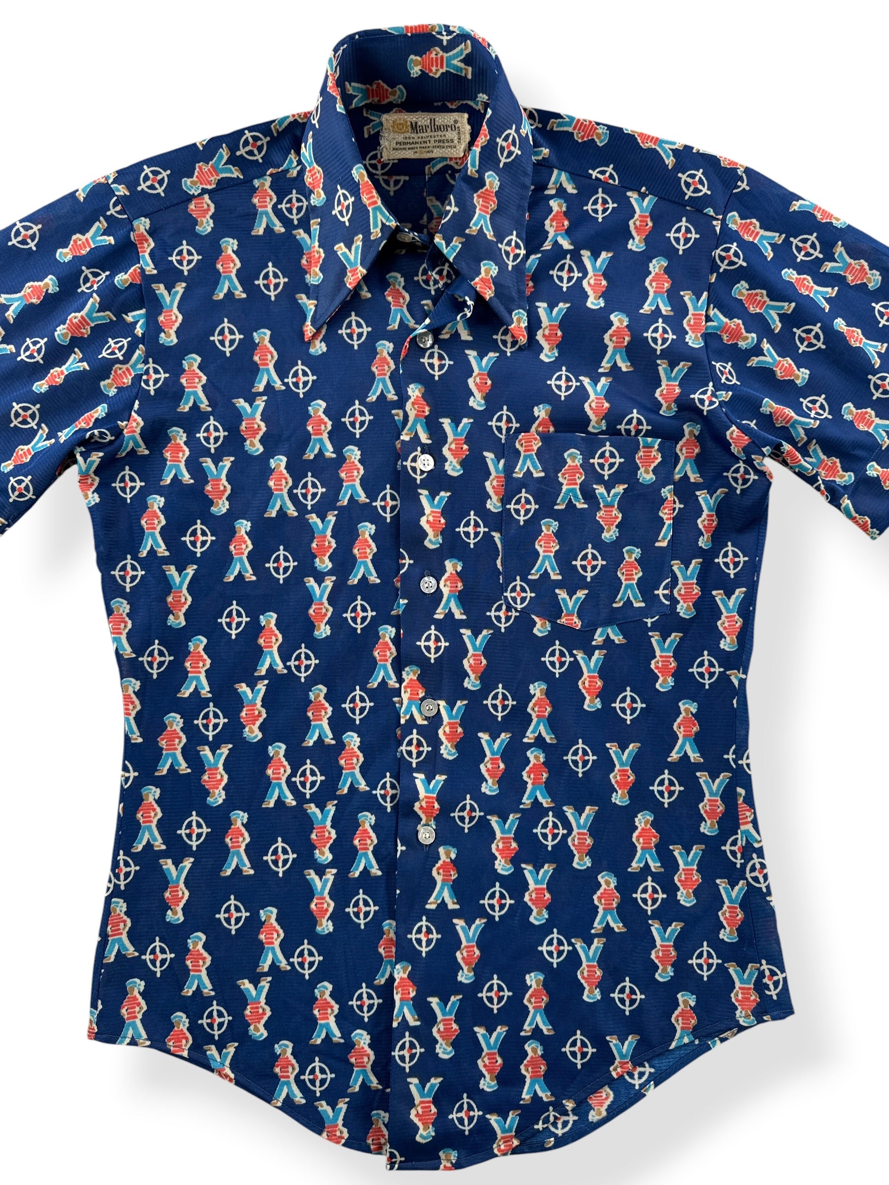 Close-up of Vintage Malboro Polyester Sailor Pattern Shirt SZ S