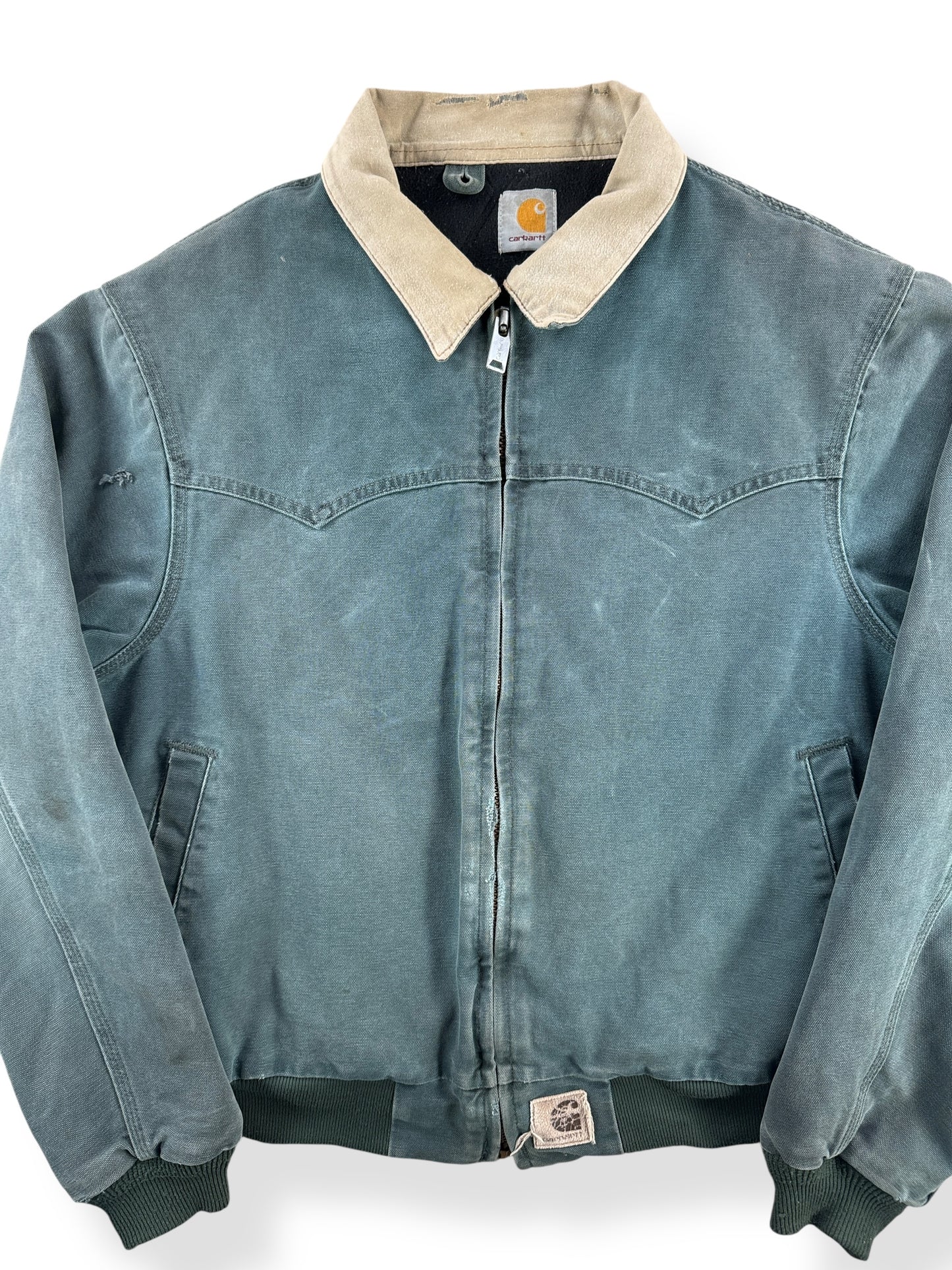 Front Close Up of Vintage 90s Era Carhartt Santa Fe Hunter Green Jacket SZ XL