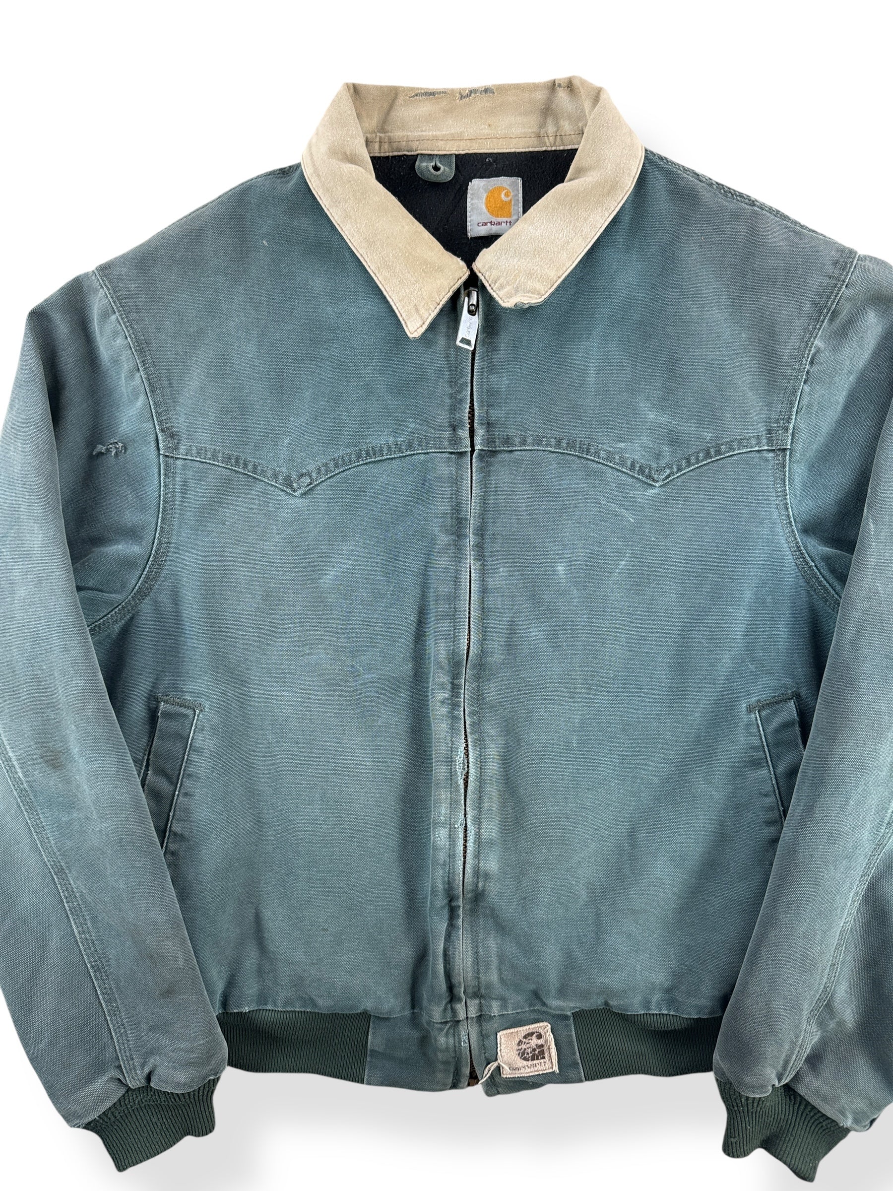 Front Close Up of Vintage 90s Era Carhartt Santa Fe Hunter Green Jacket SZ XL