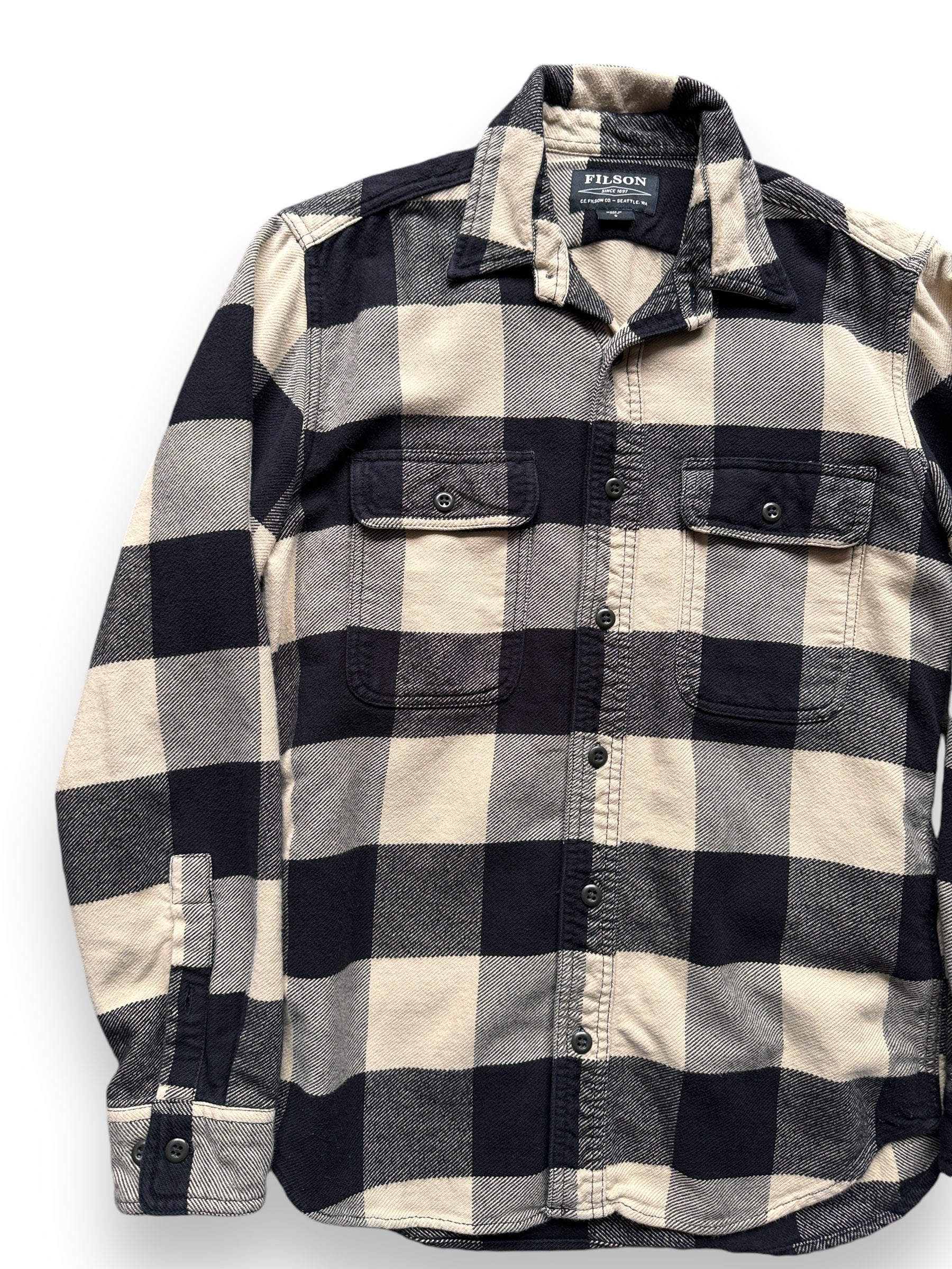 front right of Filson Black and Cream Cotton Flannel SZ S