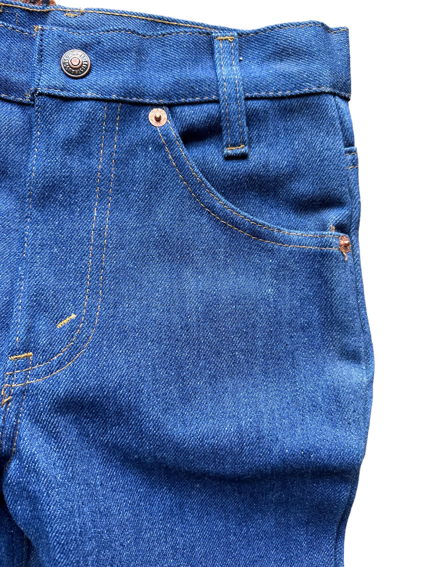 Front left pocket view of Vintage Deadstock Saddleman Boot Cut Jeans 24x23 | Seattle Kid's Vintage | Barn Owl Deadstock Levi's
