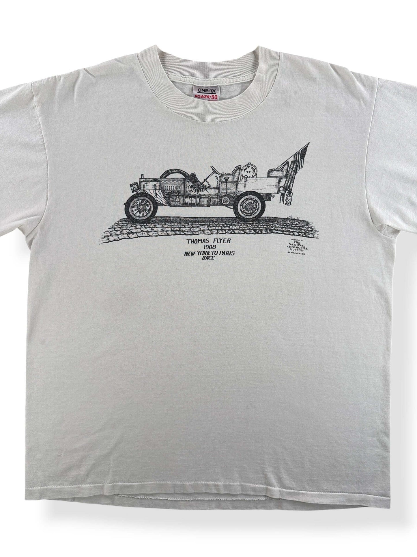 Front Close Up of Vintage Thomas Flyer New York To Paris Tee SZ XL (Fits L)