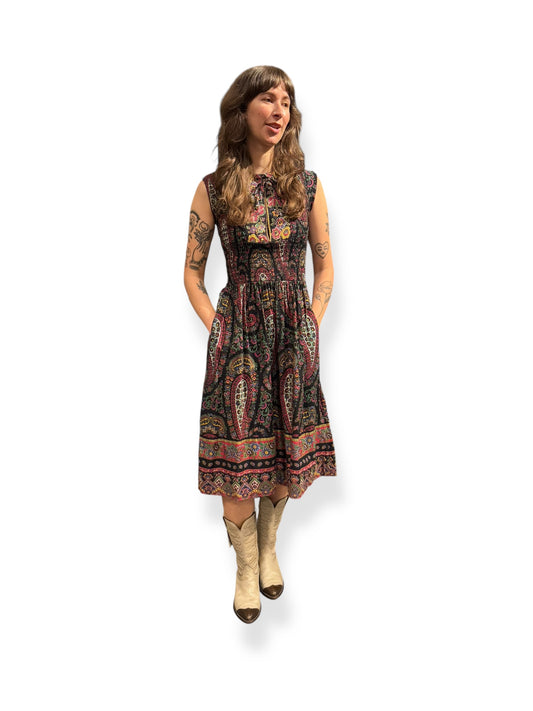 Front view of 1970s Paisly Midi Dress S