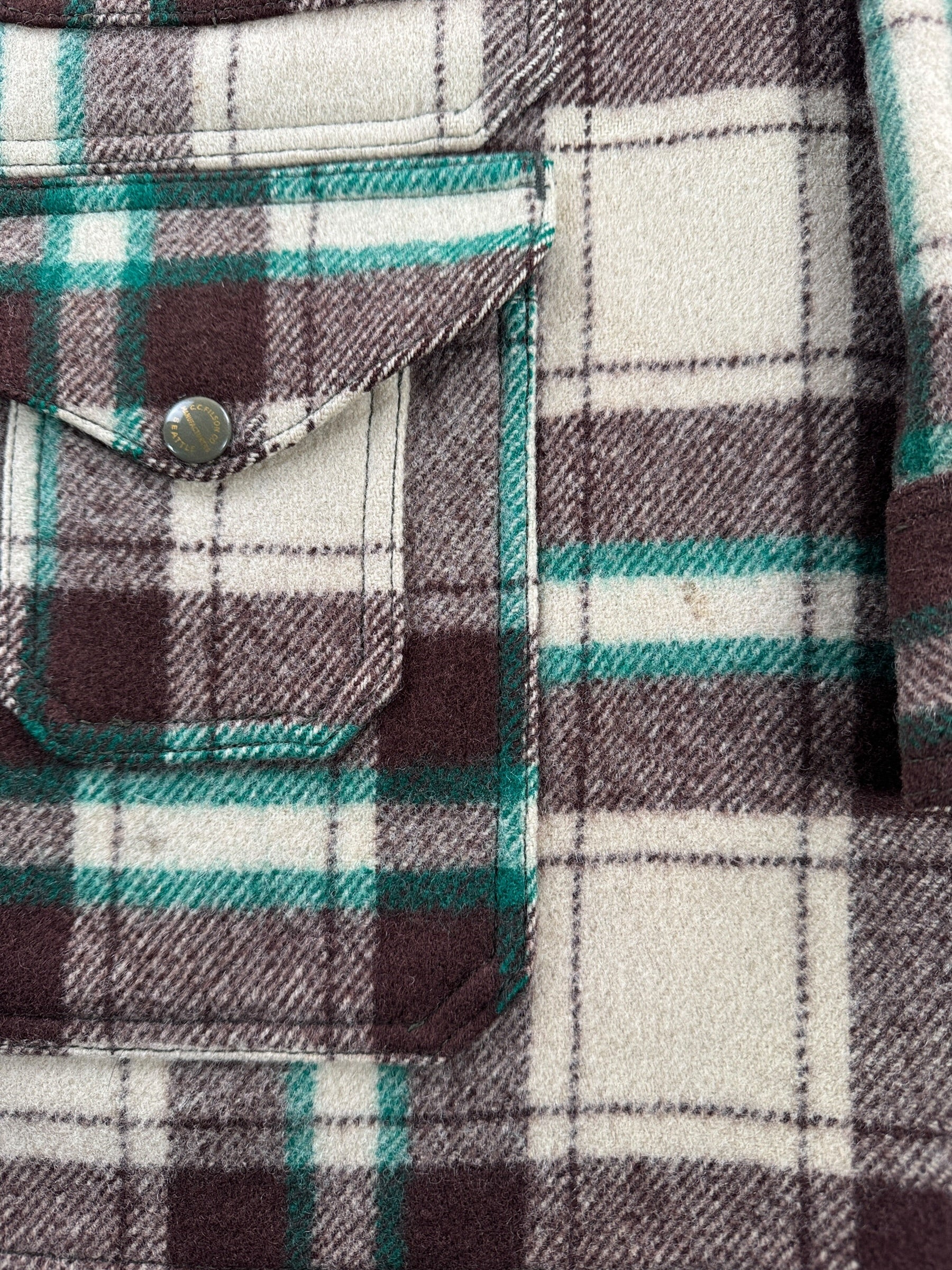 Stain on Vintage 1951 Filson Peppermint Patty Mackinaw Cruiser Jacket SZ XL