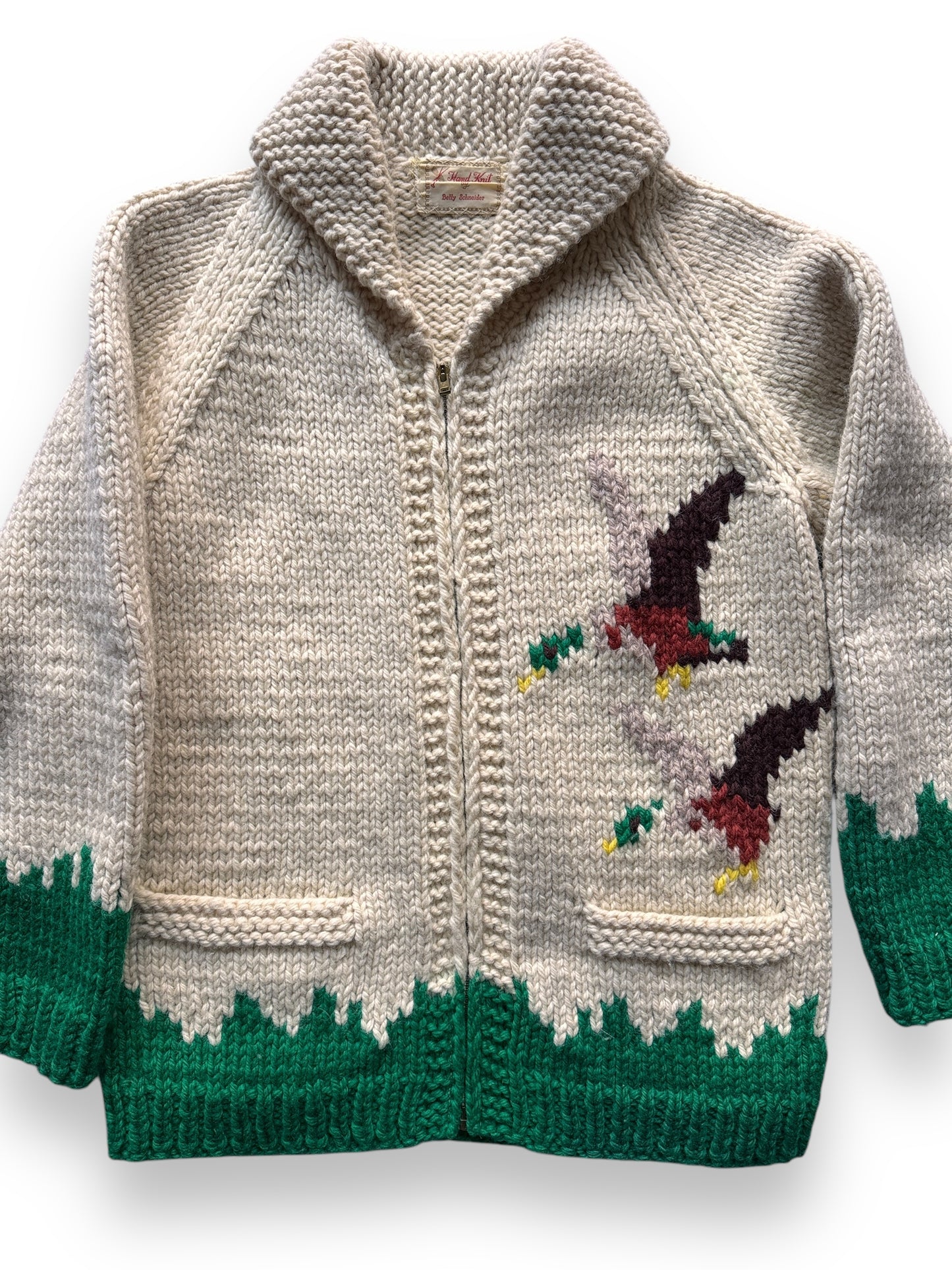 Front Detail on Vintage Duck Themed Cowichan Style Sweater SZ M