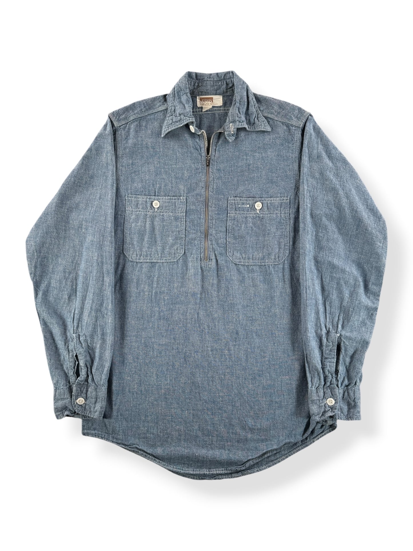 Front of Vintage Montgomery Ward Quarter Zip Chambray SZ S